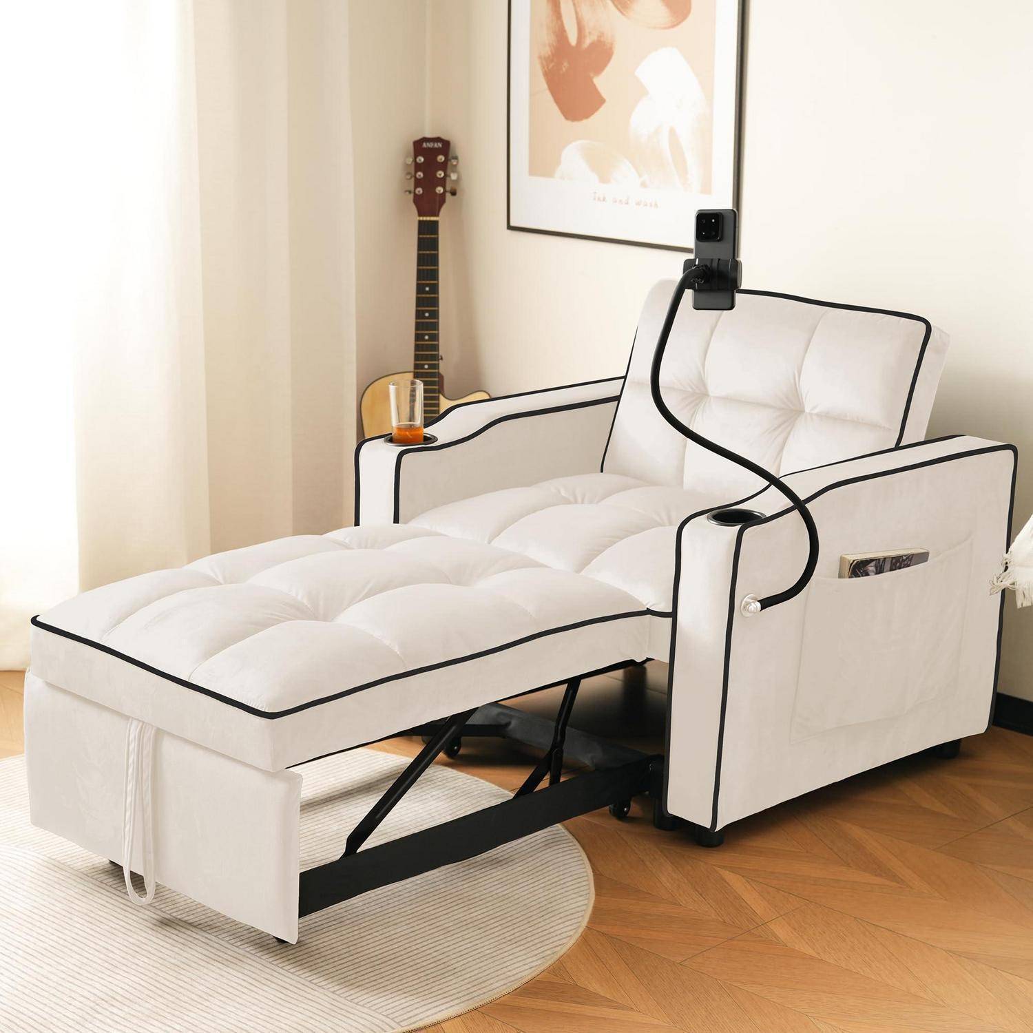 3-in-1 Ausziehbares Einzel-Schlafsofa, mit Getränkehaltern und Handyhalter, Sofa-Liegestuhl, Schlafstuhl, Sessel, Sofa kleine Räume (Beige B)