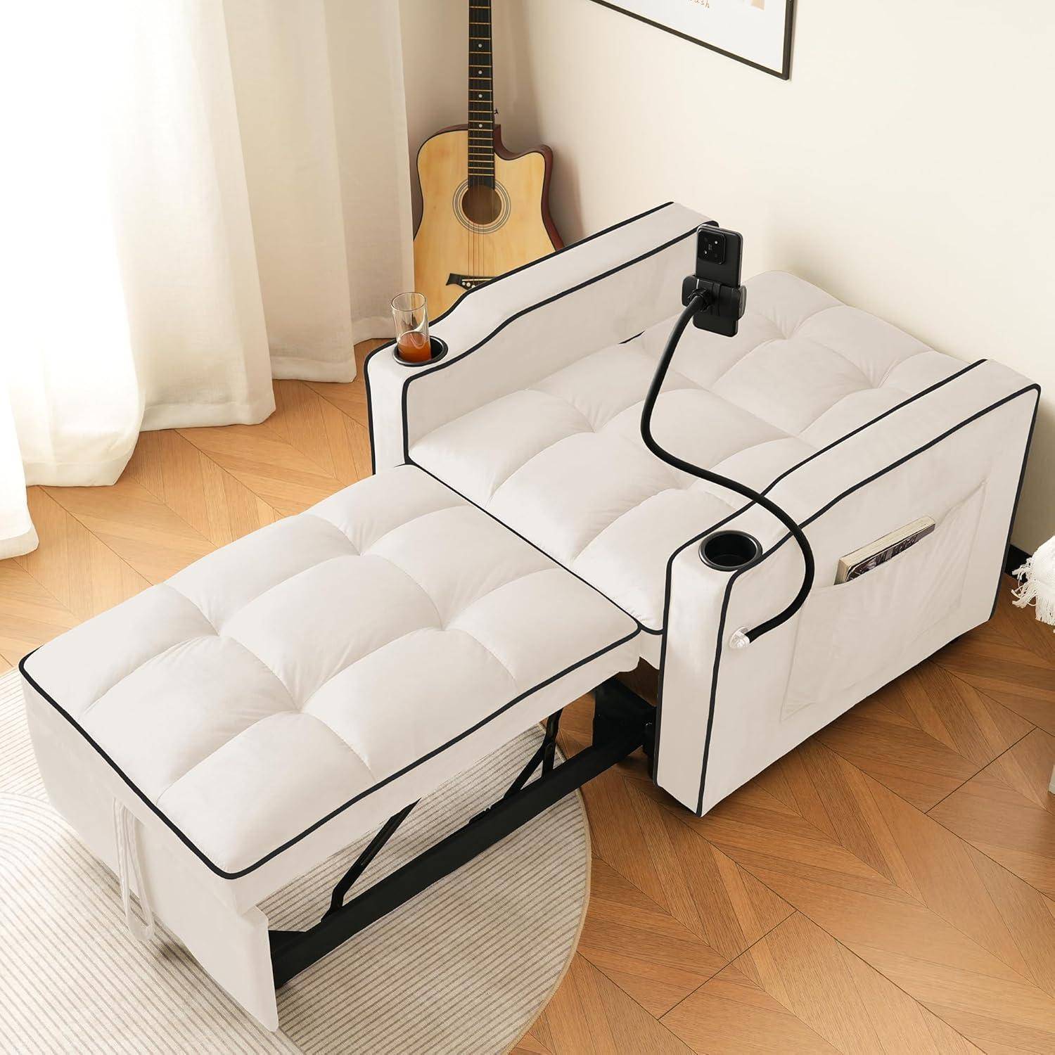 3-in-1 Ausziehbares Einzel-Schlafsofa, mit Getränkehaltern und Handyhalter, Sofa-Liegestuhl, Schlafstuhl, Sessel, Sofa kleine Räume (Beige B)
