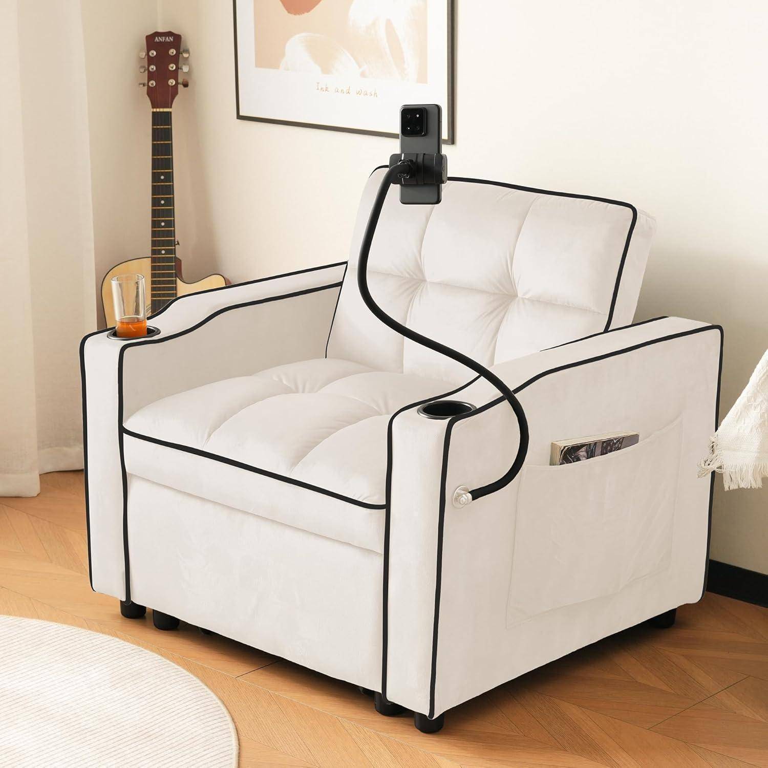 3-in-1 Ausziehbares Einzel-Schlafsofa, mit Getränkehaltern und Handyhalter, Sofa-Liegestuhl, Schlafstuhl, Sessel, Sofa kleine Räume (Beige B)
