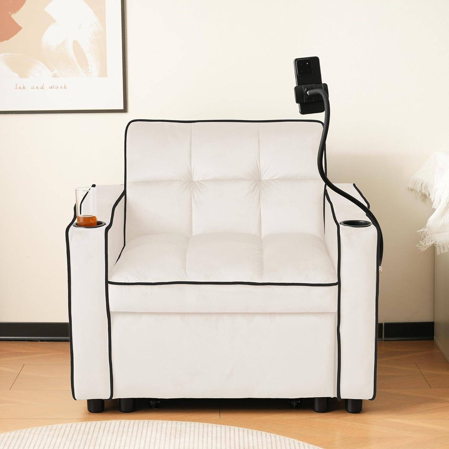 3-in-1 Ausziehbares Einzel-Schlafsofa, mit Getränkehaltern und Handyhalter, Sofa-Liegestuhl, Schlafstuhl, Sessel, Sofa kleine Räume (Beige B)
