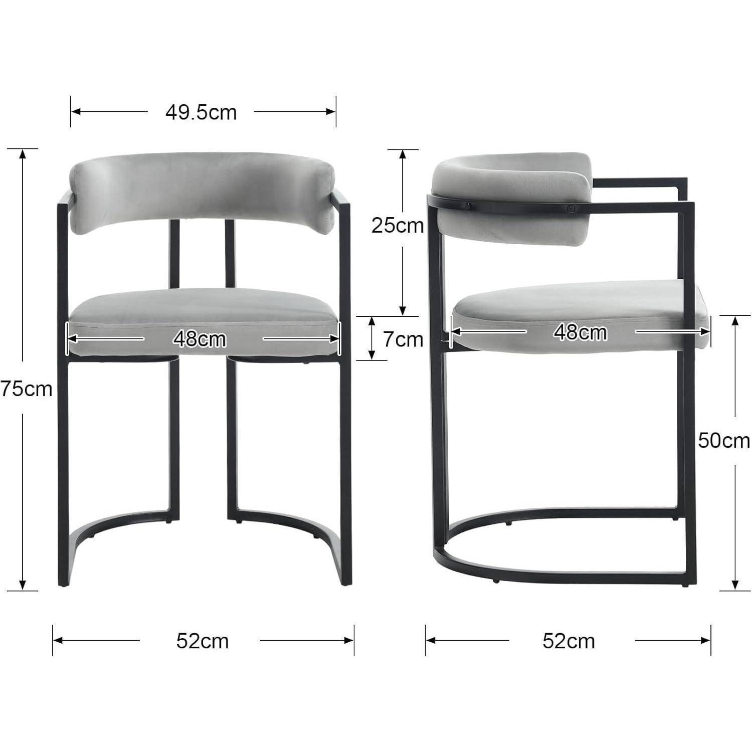 Diagramm eines Stuhls mit Vorder- und Seitenansicht mit Maßen: 49,5 cm breit, 52 cm tief, 75 cm hoch, 48 cm Sitzflächenbreite, 25 cm Rückenlehne-Höhe, 7 cm Sitzmöbelstärke, 50 cm Sitzhöhe.