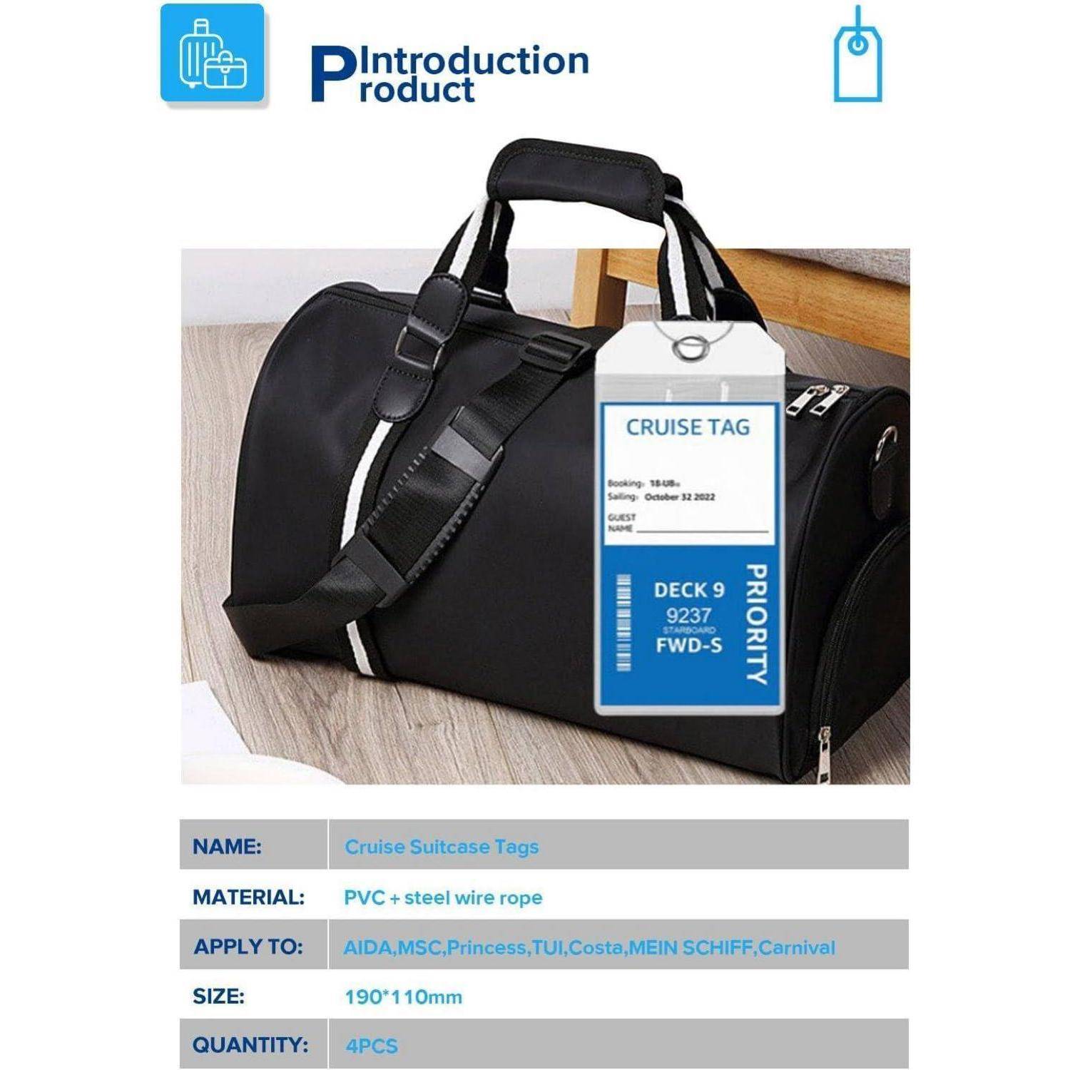 Produkteinführungsbild mit einer schwarzen Reisetasche und einem blauen und weißen „CRUISE TAG"-Gepäckanhänger; Text darunter listet Kreuzfahrt-Kofferanhänger, PVC + Stahlseile, 190*110mm, 4er-Set auf.