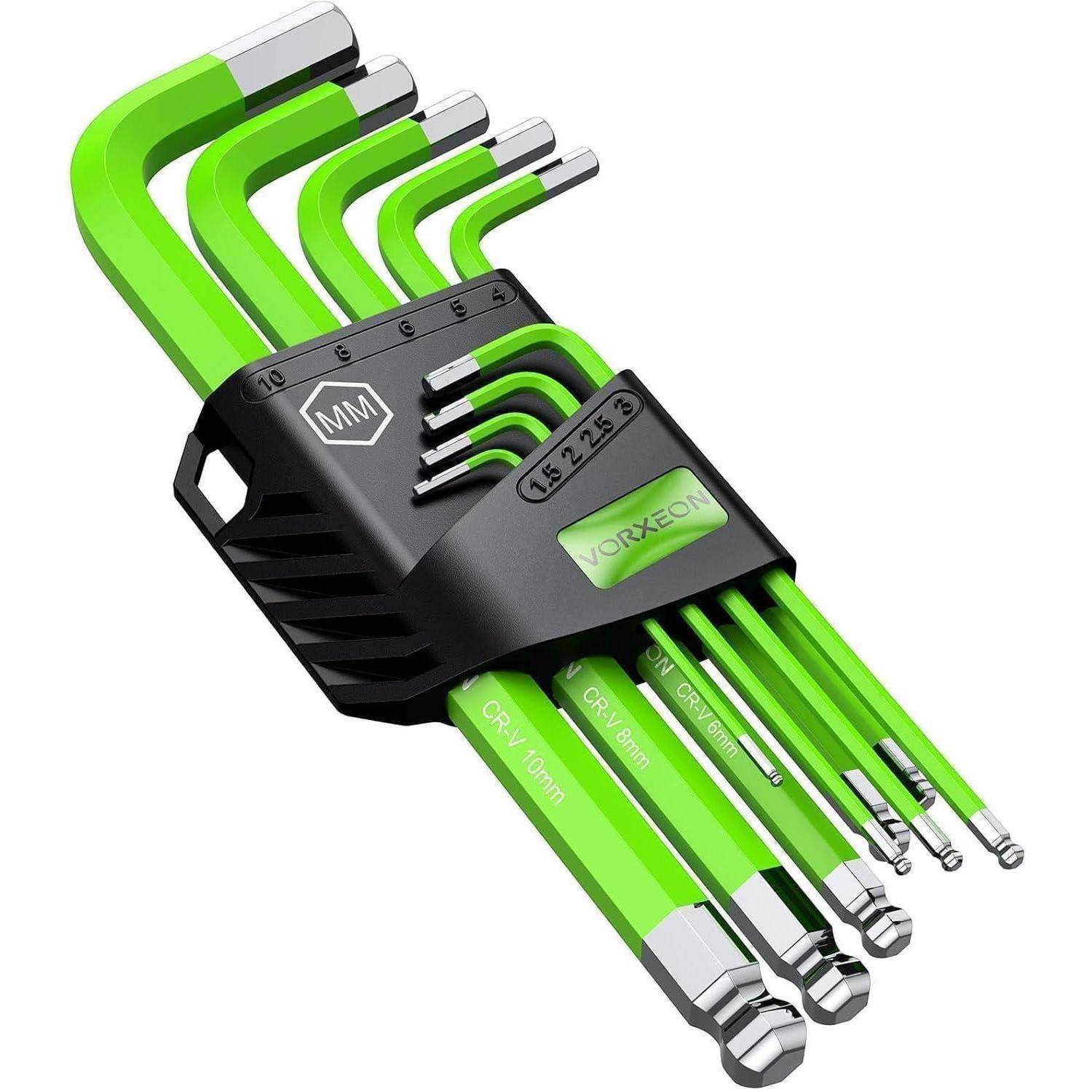 Grüner Metrik- und Innensechskantschlüssel-Set in einem schwarzen Halter mit mehreren L-förmigen Inbusschlüsseln verschiedener Größen.