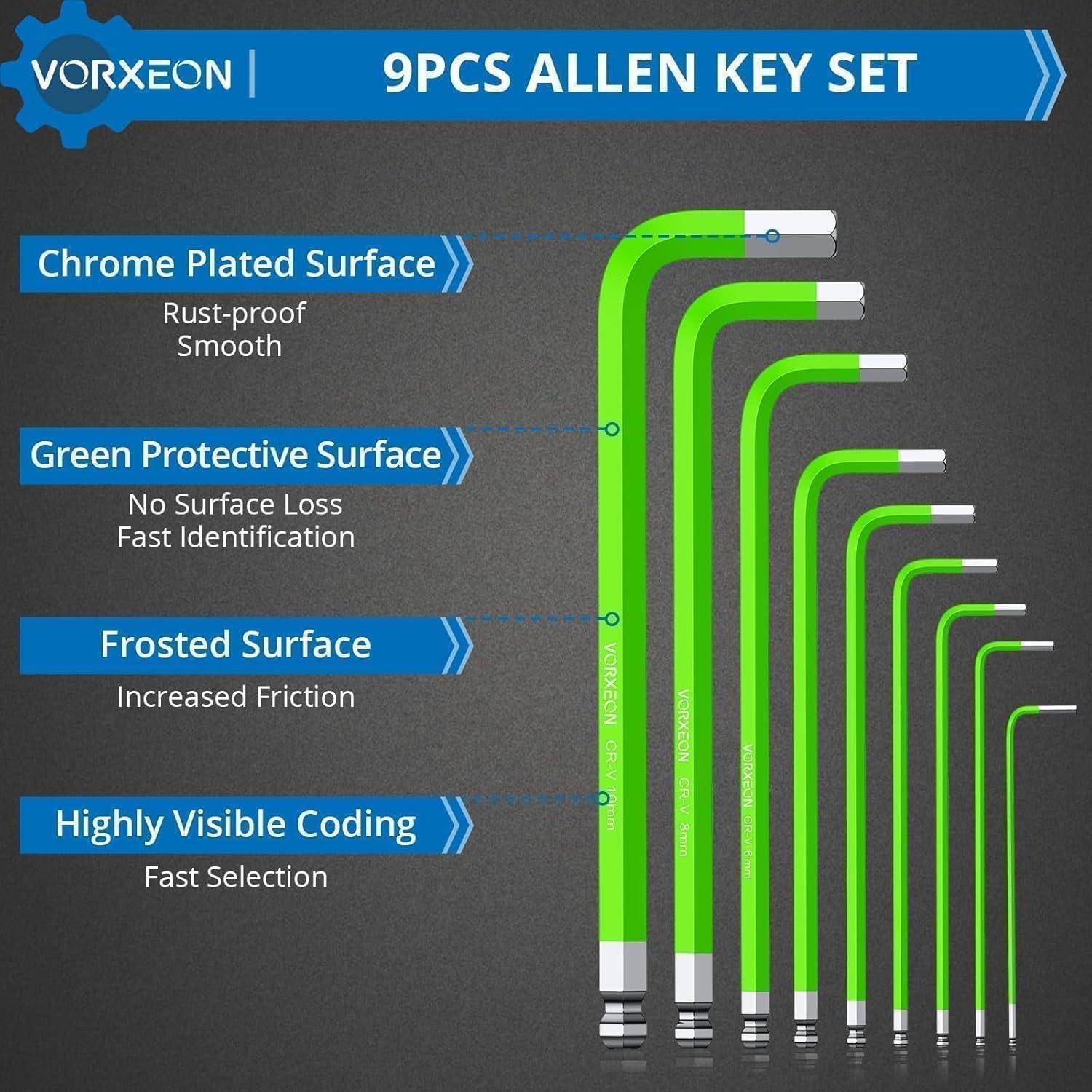 VORXEON Innensechskantschlüssel Satz 9tlg 1.5-10mm Innensechskant Sechskantschlüssel Set Cr-V-Stahl & S2 Stahl mit Kugelkopf Halter Farbcodierung