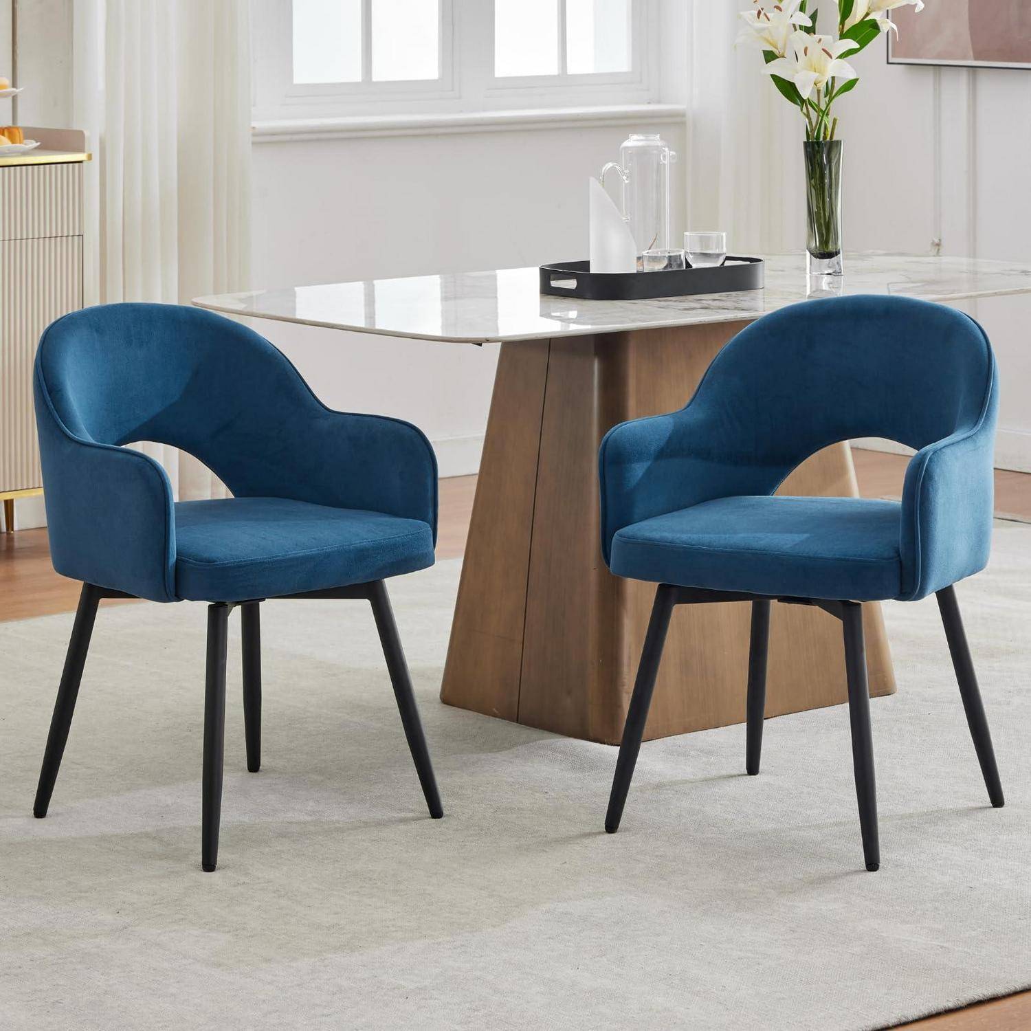 chairus Esszimmerstühle 2er Set Samt 360° Drehbare Küchenstühle Polsterstuhl mit Metallbeine Drehstühle Küche mit Armlehne (Blau) 53*58*78 cm Bl