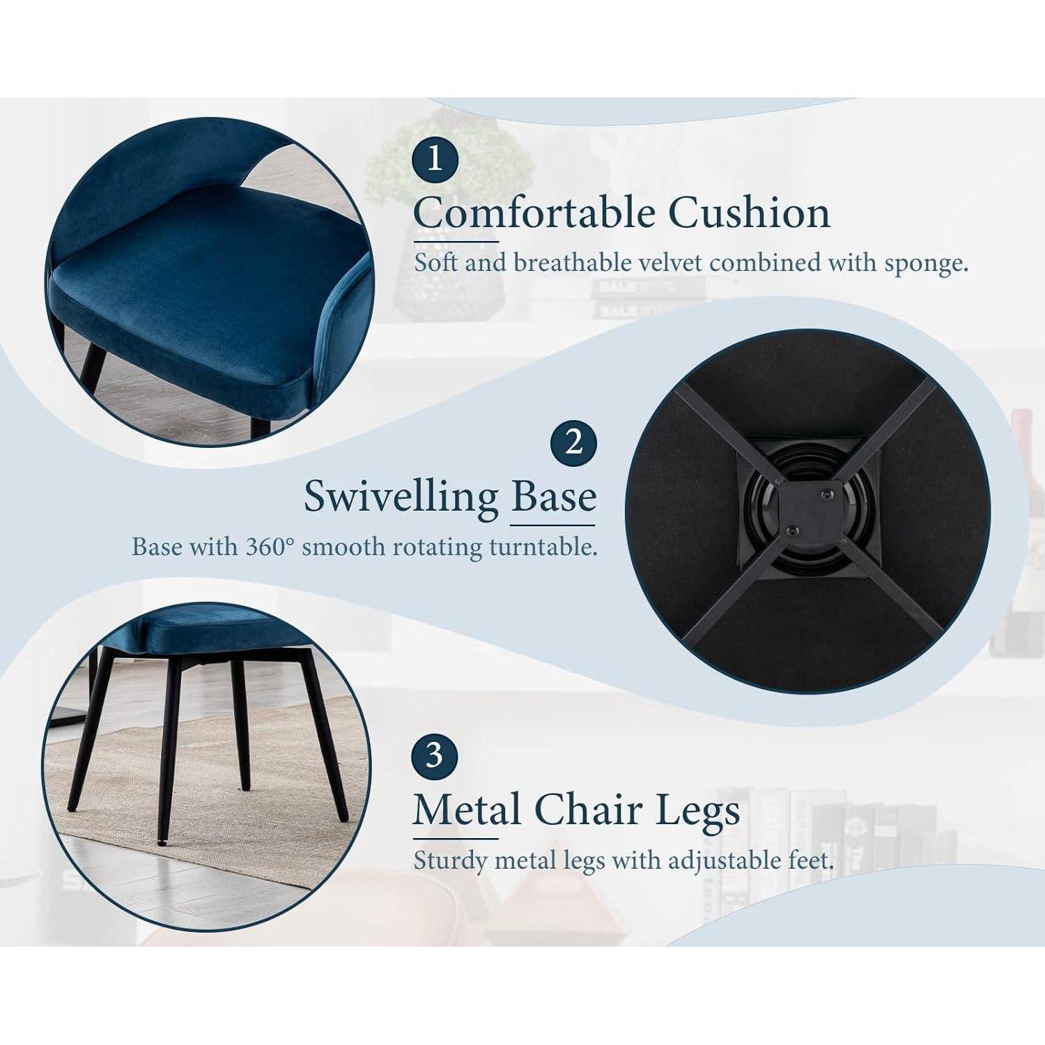 chairus Esszimmerstühle 2er Set Samt 360° Drehbare Küchenstühle Polsterstuhl mit Metallbeine Drehstühle Küche mit Armlehne (Blau) 53*58*78 cm Bl