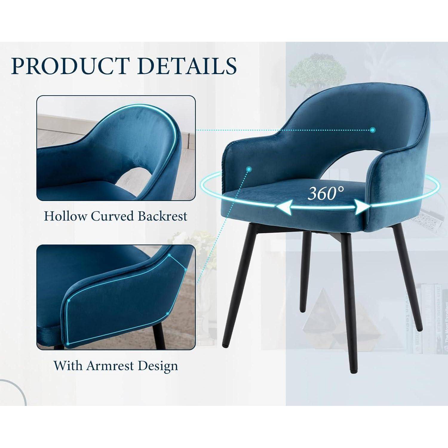 chairus Esszimmerstühle 2er Set Samt 360° Drehbare Küchenstühle Polsterstuhl mit Metallbeine Drehstühle Küche mit Armlehne (Blau) 53*58*78 cm Bl
