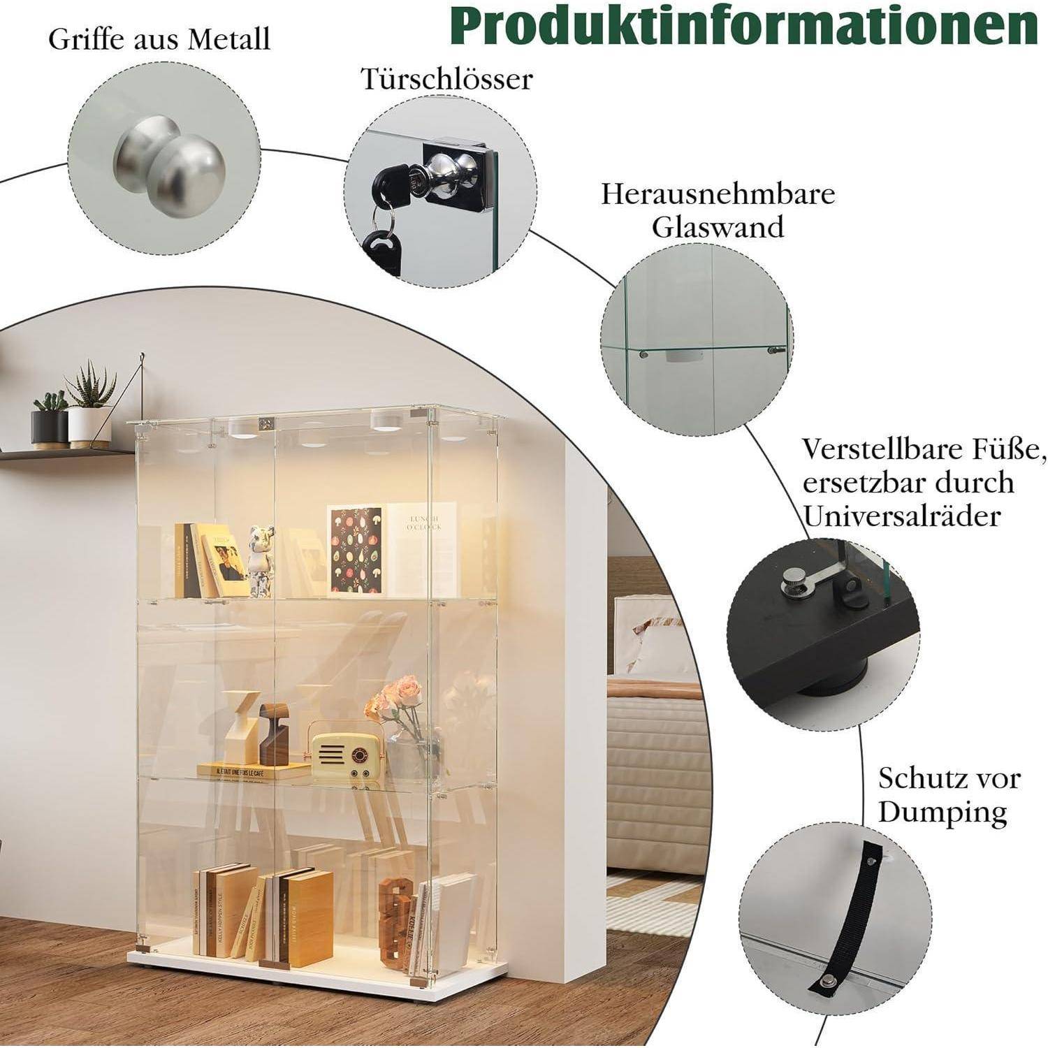 Glasvitrine Standvitrine mit LED, Glasvitrine Stehend mit 3 Lagen Glas, Vitrinenschrank 2 TüR &amp; Schloss Vitrine Glasschrank für Wohnzimmer Büro Sam