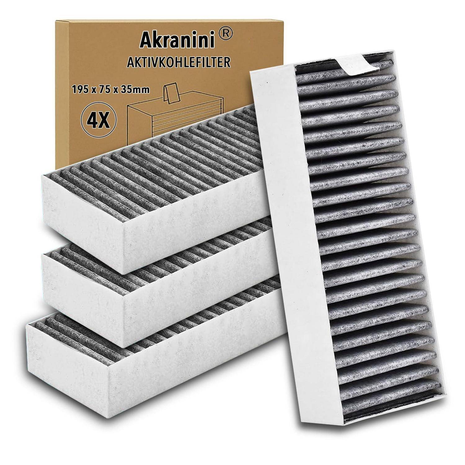 Produktbild von Akranini-Aktivkohle-Luftfiltern, Größe 195 x 75 x 35 mm, zeigt ein 4er-Pack von Ersatzfiltern in einer Box und zur Anzeige.