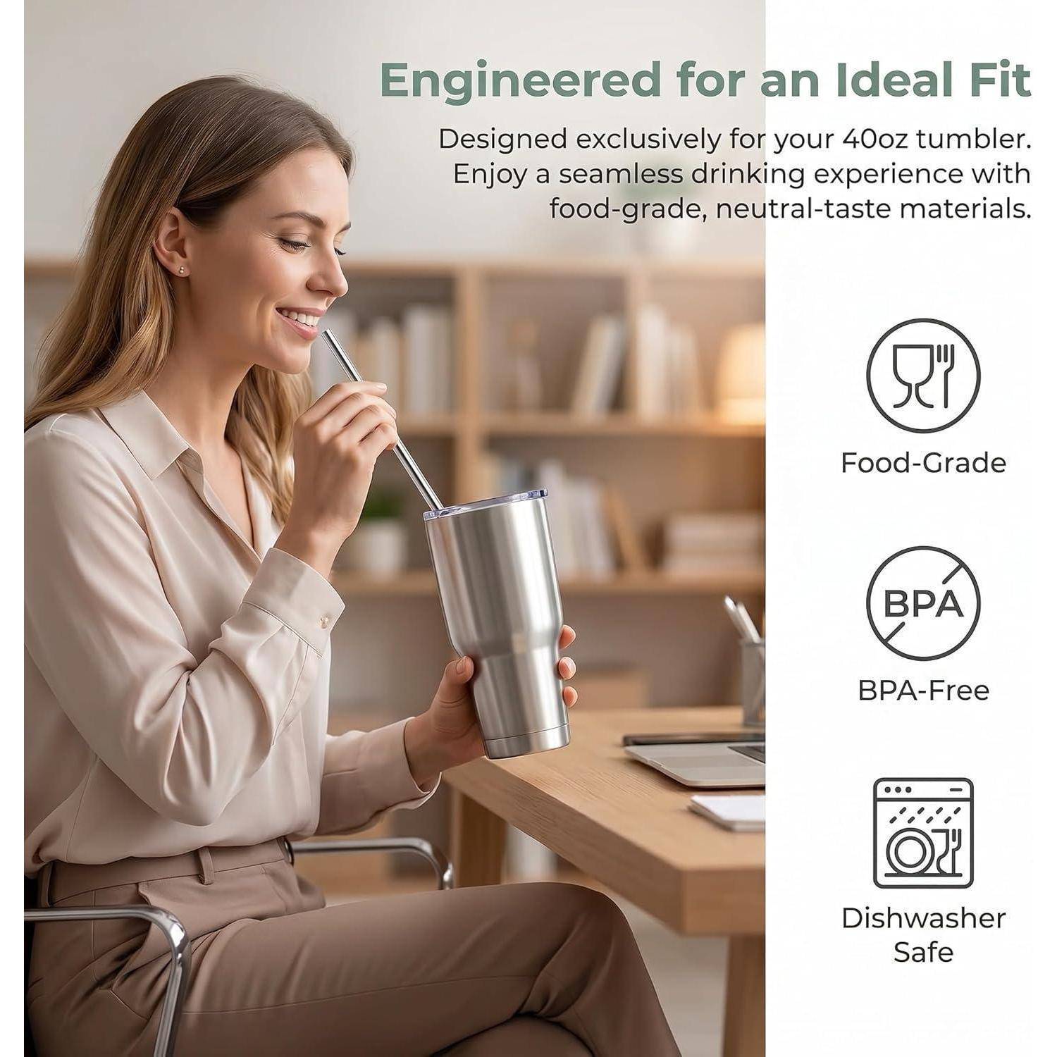 Frau mit einem Metallstrohhalm und einem Becher aus Edelstahl; die Anzeige besagt „Engineered for an Ideal Fit