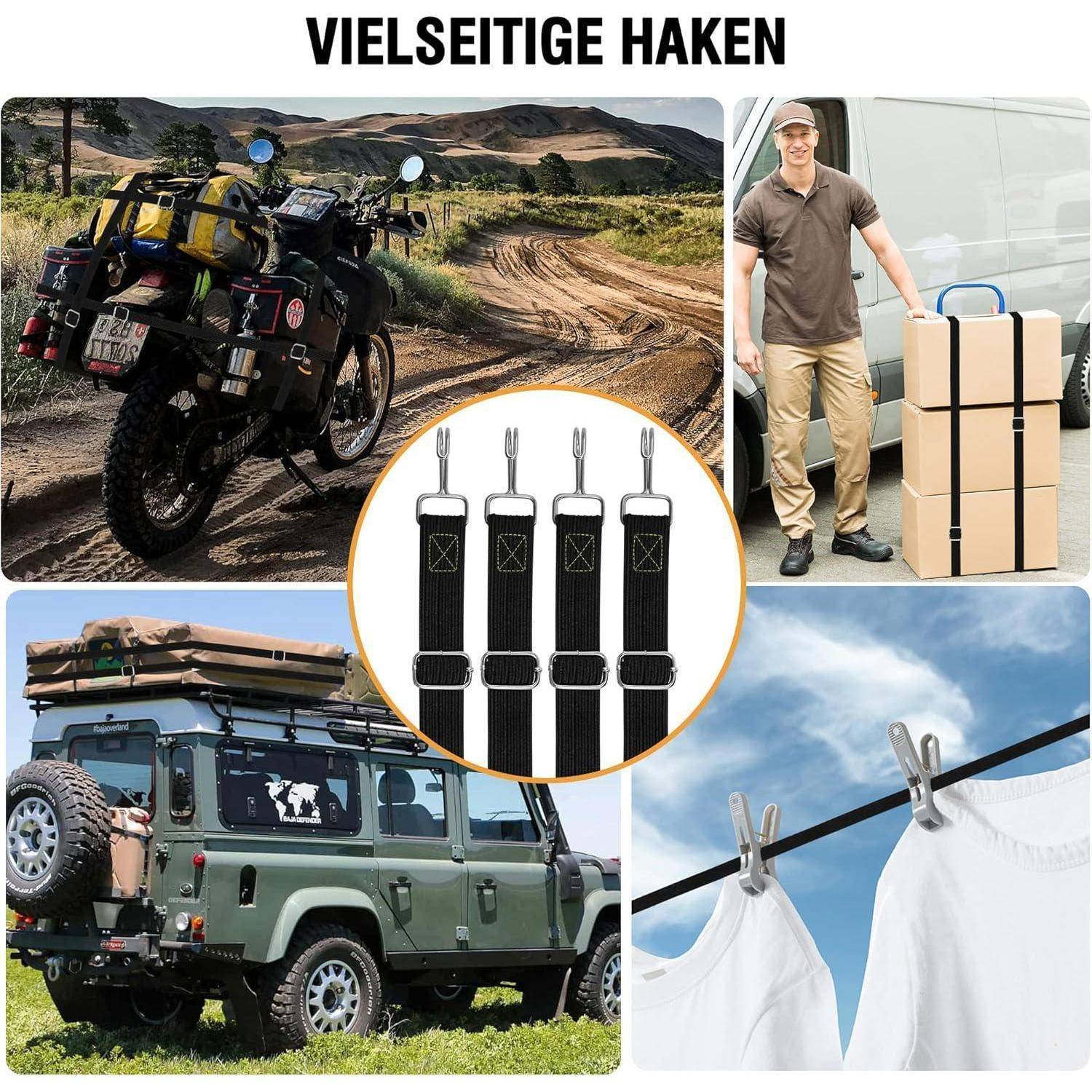 Collage-Werbung für vielseitige Riemen: Motorrad- und SUV-Ladesicherungen, ein Mann, der gestapelte Kartons trägt, und Kleidung, die an einer Leine hängt; in der Mitte sind vier schwarze verstellbare Riemen zu sehen.