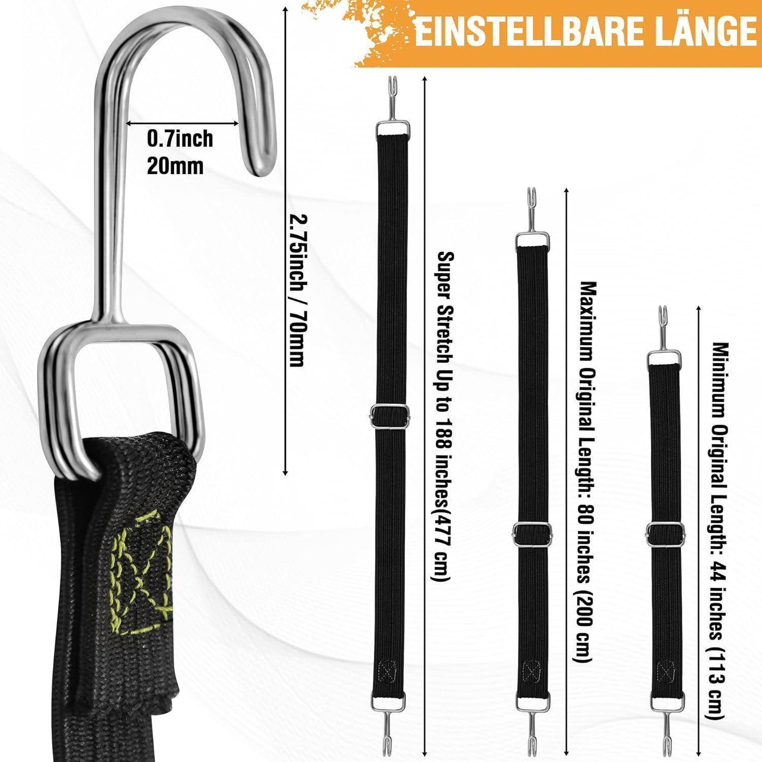 Produktdiagramm eines verstellbaren Riemens mit Metallhaken und Schlaufe, gekennzeichnet mit einer Breite von 0,7 Zoll und einer Länge von 2,75 Zoll, plus Dehnbereich von 44 bis 188 Zoll.