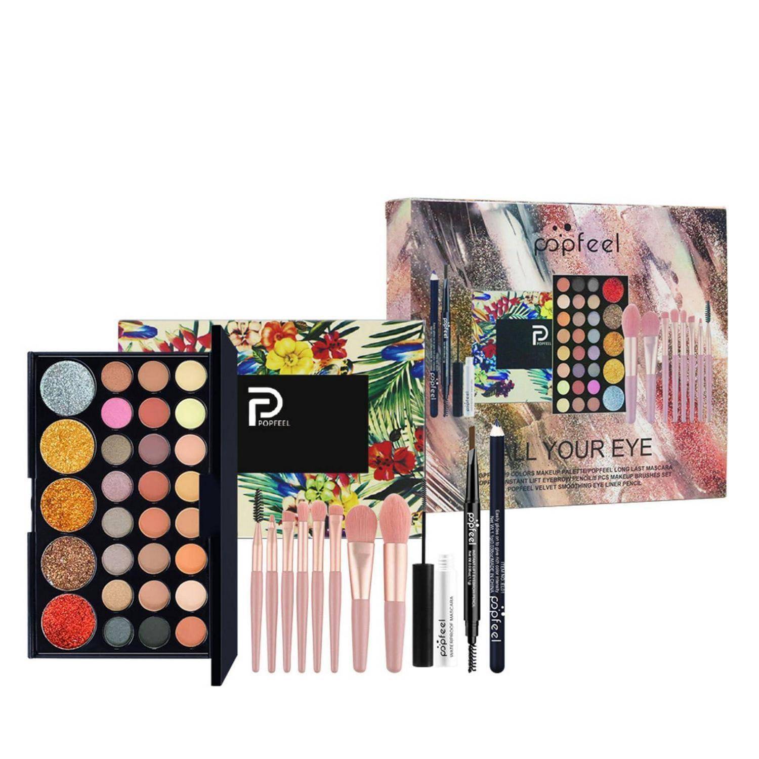 Kosmetik-Make-up-Set mit Lidschattenpaletten, Pinseln, Eyelinern und Lippenprodukten in floraler Verpackung.