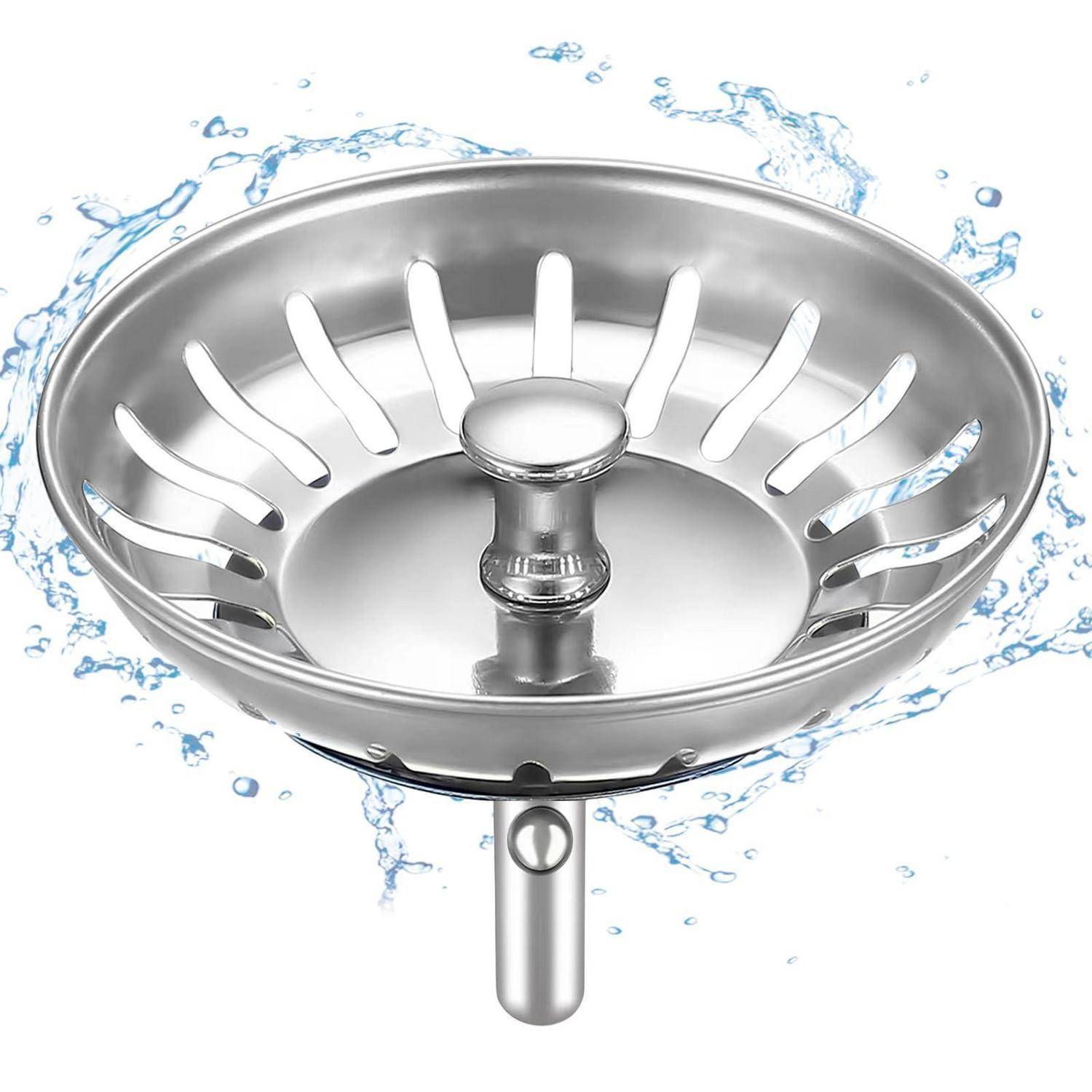 Siebkörbchen aus Edelstahl für Küchenabläufe mit abnehmbarem Mittelverschluss, abgebildet mit spritzendem Wasser rundherum.