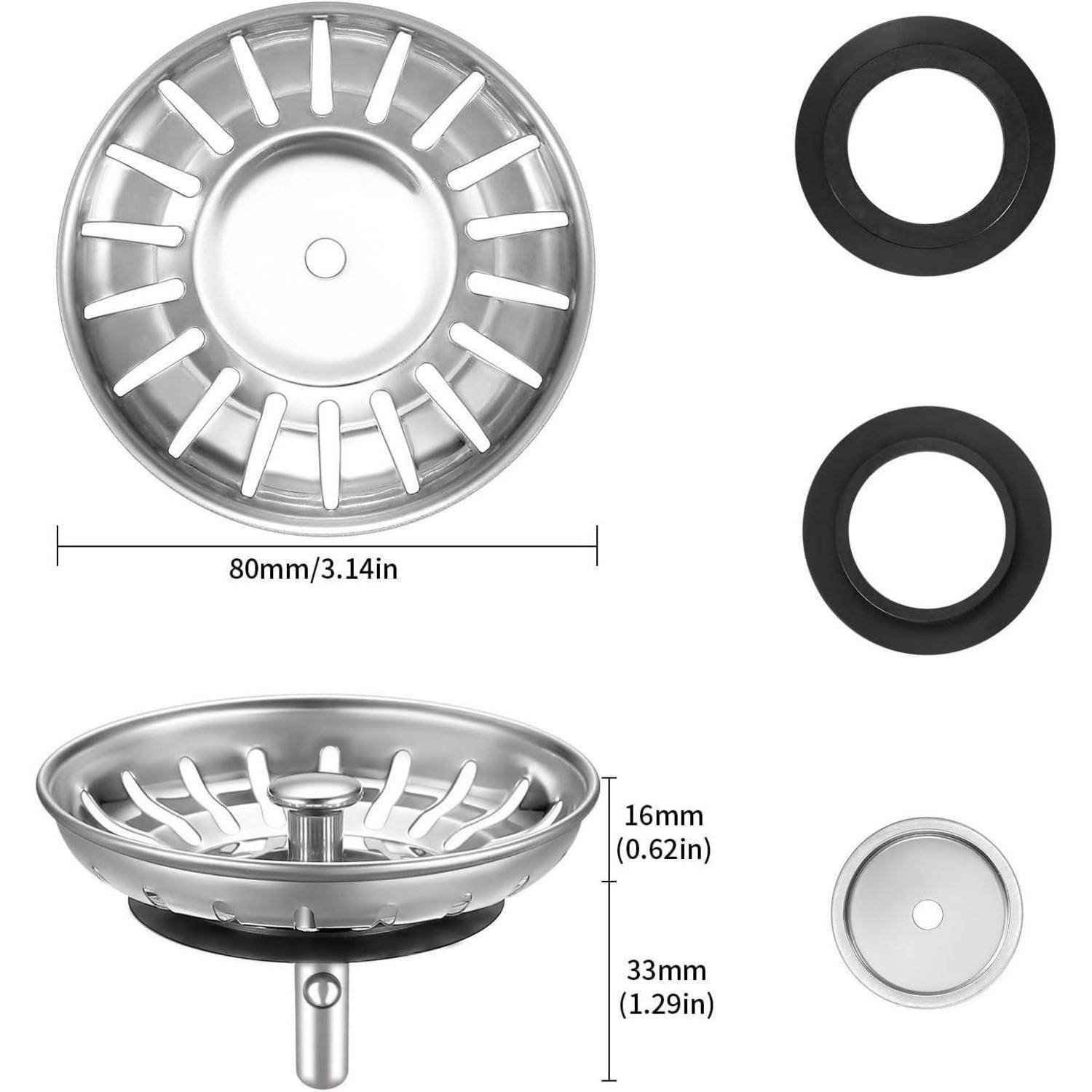Edelstahlspülbeckensieb mit perforiertem Korb und drei schwarzen Gummiringen, gezeigt mit Abmessungen: 80 mm breit, 16 mm tief, 33 mm Schaft.