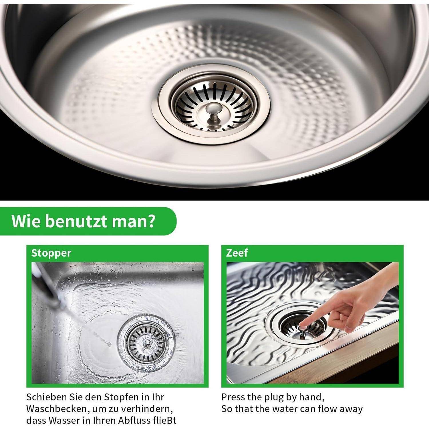 Bedienungsanleitung für einen Spülbecken-Abfluss-Stöpsel: Oben wird der Stöpsel im Abfluss gezeigt; unten erklärt 