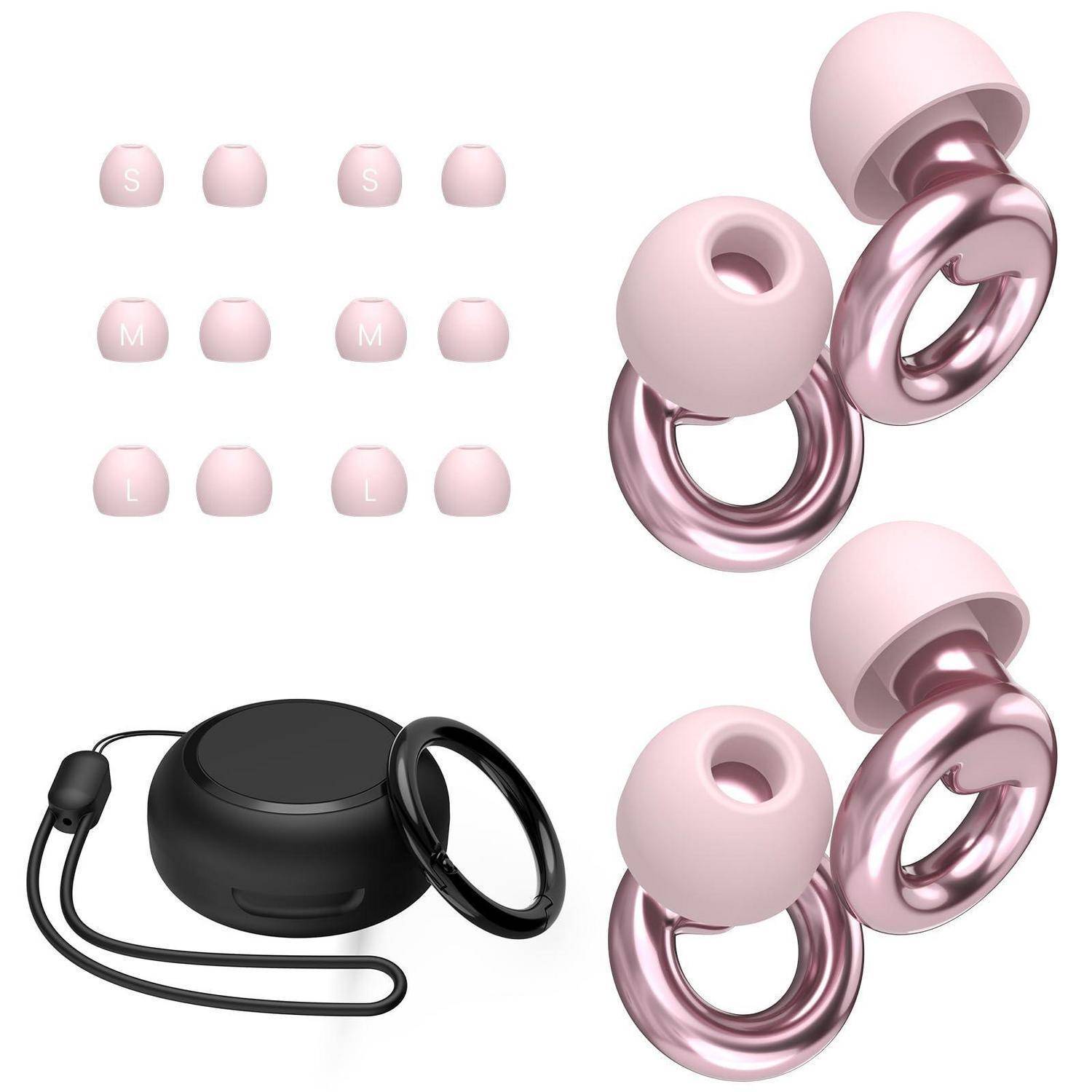 Produktbild mit rosa und schwarzen silikonförmigen Ringartikeln in kleinen, mittleren und großen Größen, mit einem schwarzen Etui und Umhängeband zur Aufbewahrung oder zum Mitnehmen.