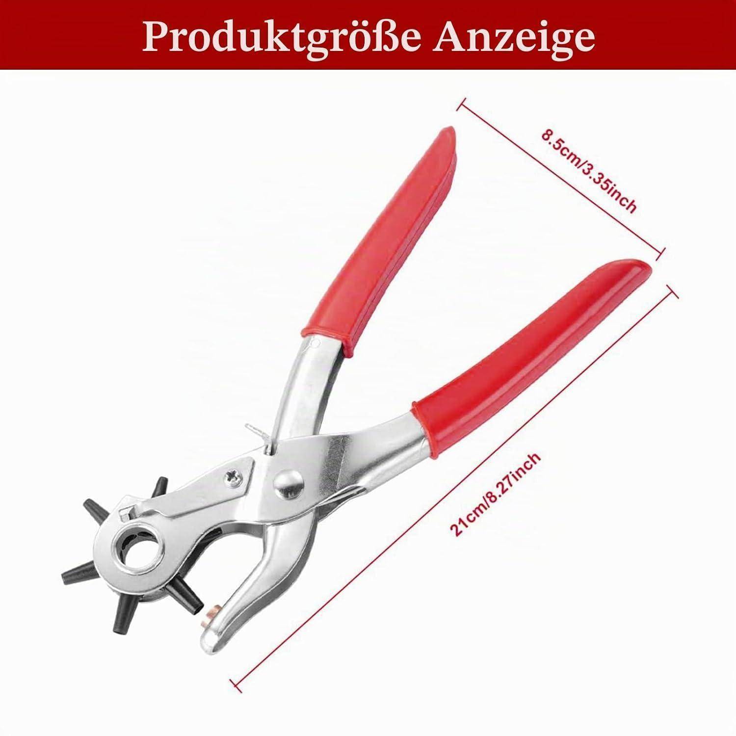 Produktgrößenanzeige mit einer Metall-Lochzange mit rotem Griff, beschriftet mit 21 cm (8,27 Zoll) Länge und 8,5 cm (3,35 Zoll) Breite.