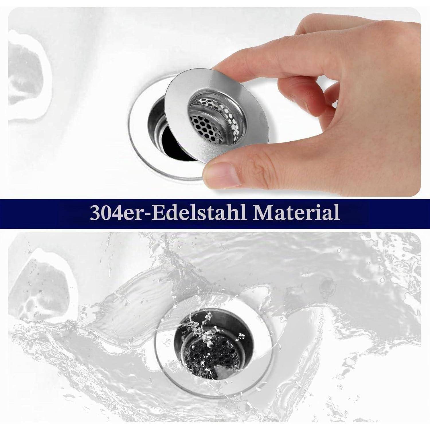 Hand platziert ein Edelstahl-Spülbeckensieb neben einem Abfluss; darunter wirbelt Wasser durch den Abfluss unter dem Text „304er-Edelstahl-Material