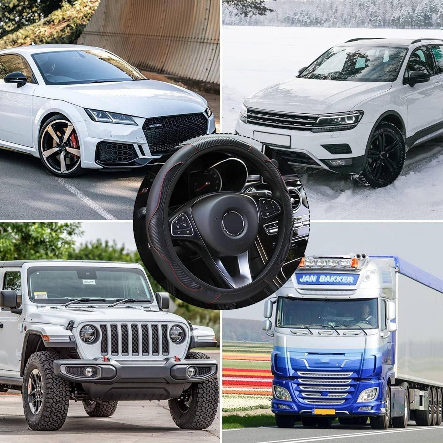 Collage von Fahrzeugen: weißes Sportscoupé, weißes SUV im Schnee, weißer Jeep und blauer Sattelzug, mit einem zentrierten Lenkrad über den vier Bildern.