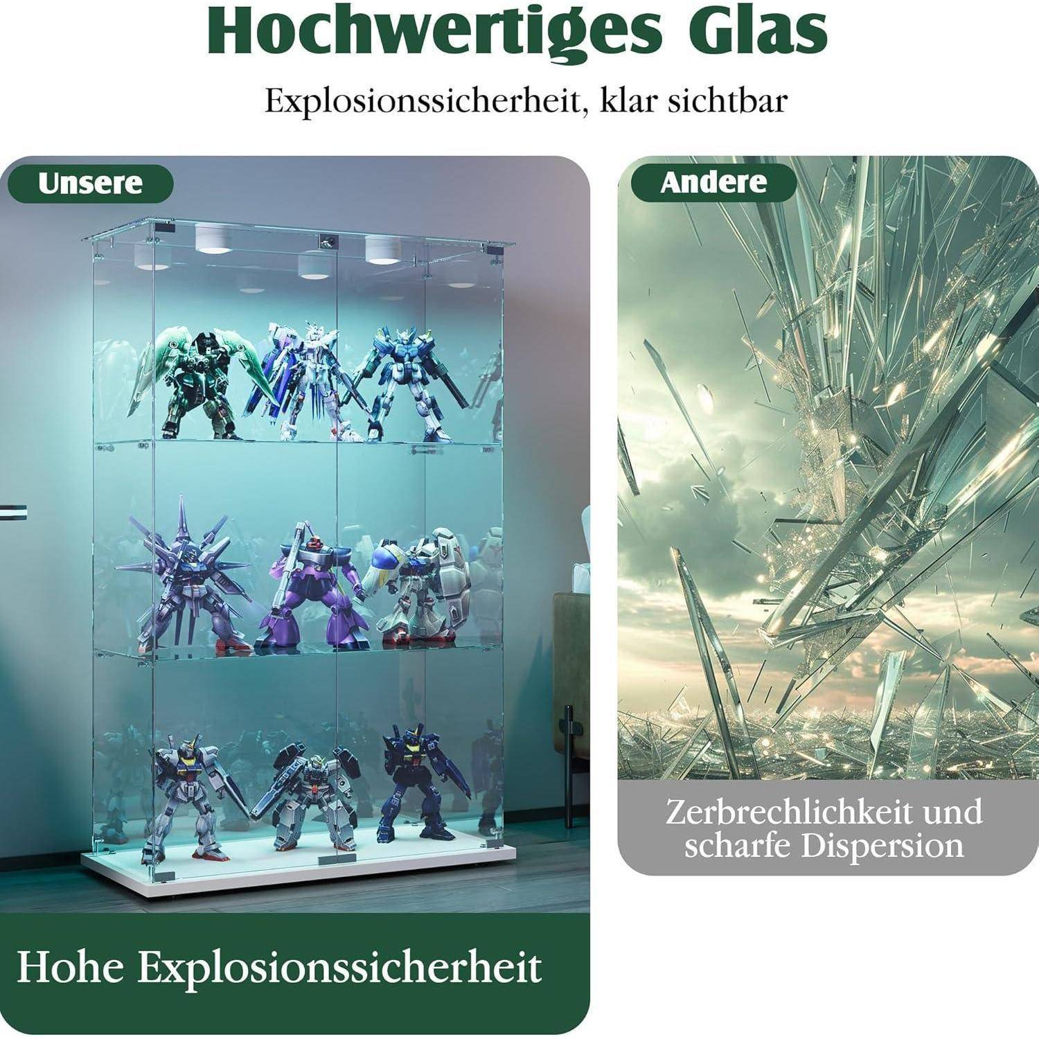 Glasvitrine Standvitrine mit LED, Glasvitrine Stehend mit 3 Lagen Glas, Vitrinenschrank 2 TüR &amp; Schloss Vitrine Glasschrank für Wohnzimmer Büro Sam