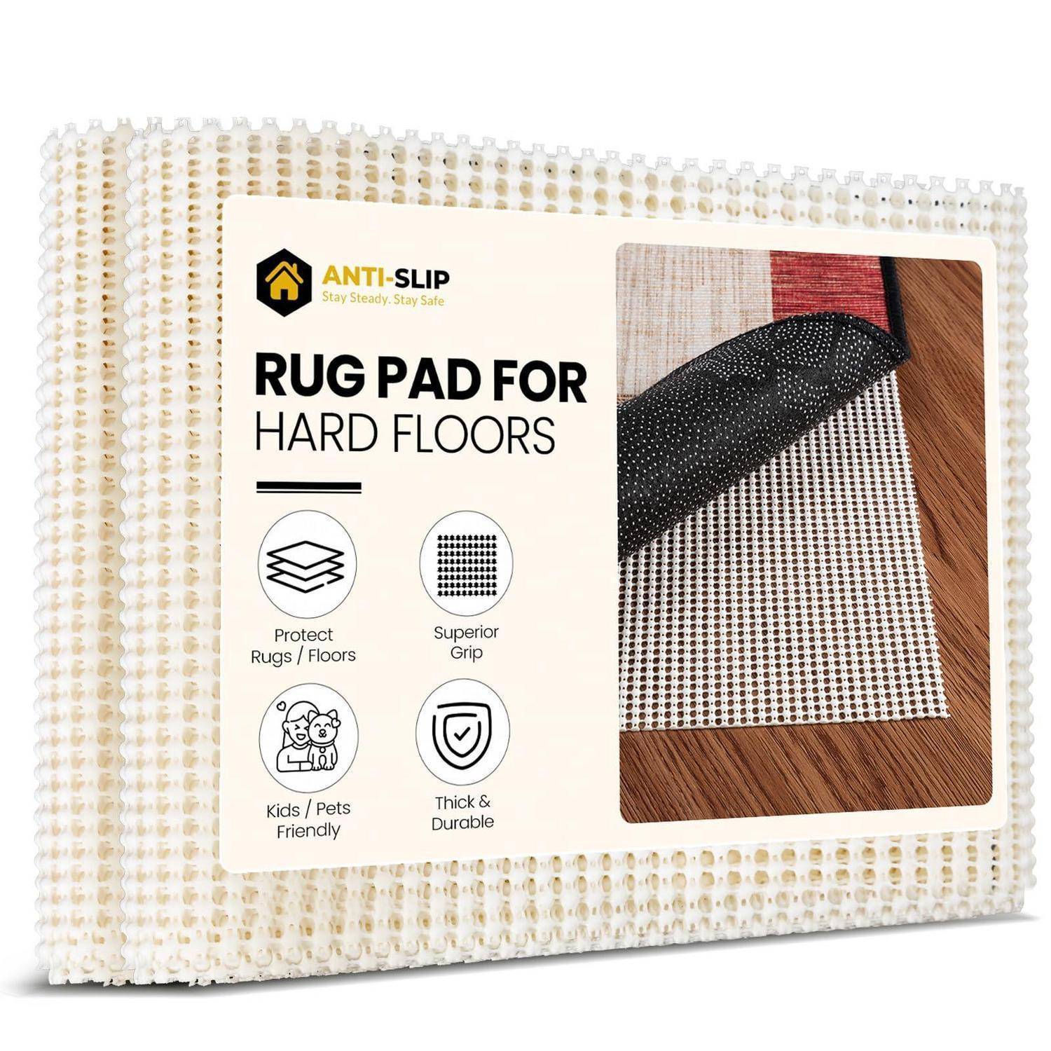 Rutschfeste Teppichmatte für Hartböden, gezeigt gefaltet mit einem Teppich oben; Verpackung hebt Schutz von Teppichen/Böden, überlegenen Halt und dicke Langlebigkeit hervor.