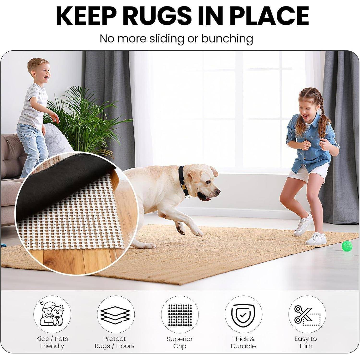 Anzeige für Teppich-Antirutschmatte mit Kindern und einem Hund, die auf einem sicheren Teppich spielen, mit der Überschrift „TEPPICHE AN ORT UND STELLE HALTEN