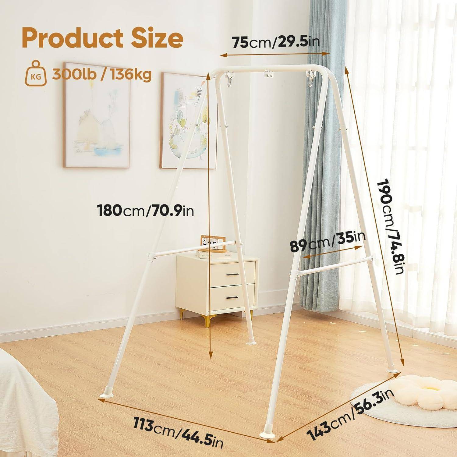 Größendiagramm eines weißen Metallschaukelgestells in A-Form für Babys mit folgenden Abmessungen: 180 cm Höhe, 190 cm Höhe, 143 cm Breite, 113 cm Basistiefen, 75 cm obere Breite und 89 cm innere Breite.