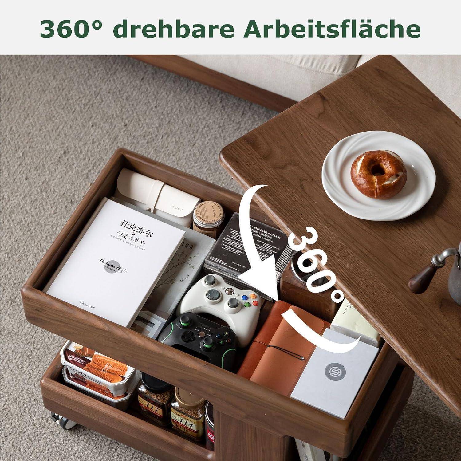 YESWOOD Massivholz Couchtisch Eiche, Höhenverstellbar (50/70 cm), 360° Drehbare Tischplatte, 3-Fach Stauraum, Mit Rollen & Bremse, Mobiler Beistellt