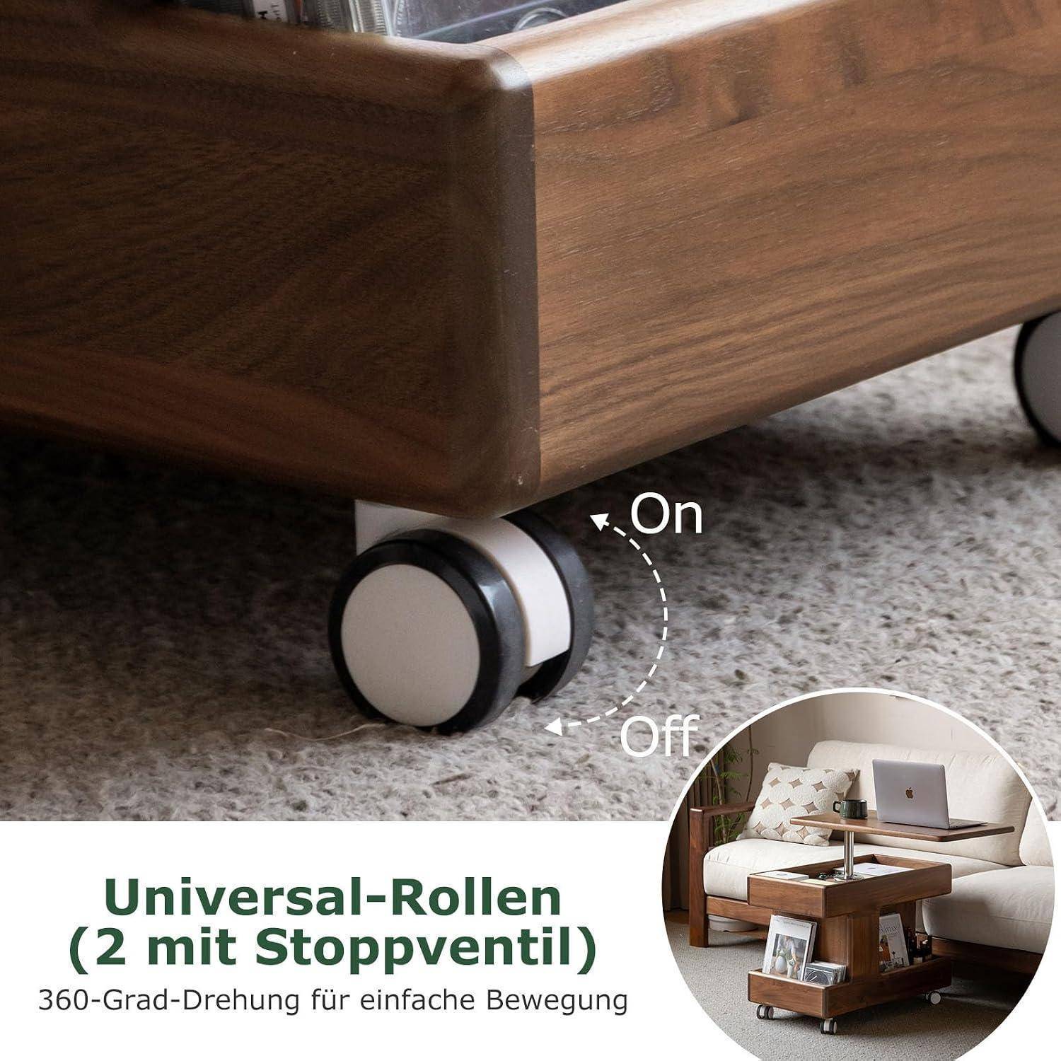 YESWOOD Massivholz Couchtisch Eiche, Höhenverstellbar (50/70 cm), 360° Drehbare Tischplatte, 3-Fach Stauraum, Mit Rollen & Bremse, Mobiler Beistellt