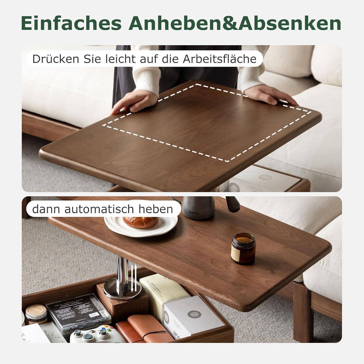 Anleitungsgrafik für einen Couchtisch mit Hebedeckel: Leicht auf die Oberfläche drücken, um ihn automatisch anzuheben und den Stauraum darunter freizulegen.