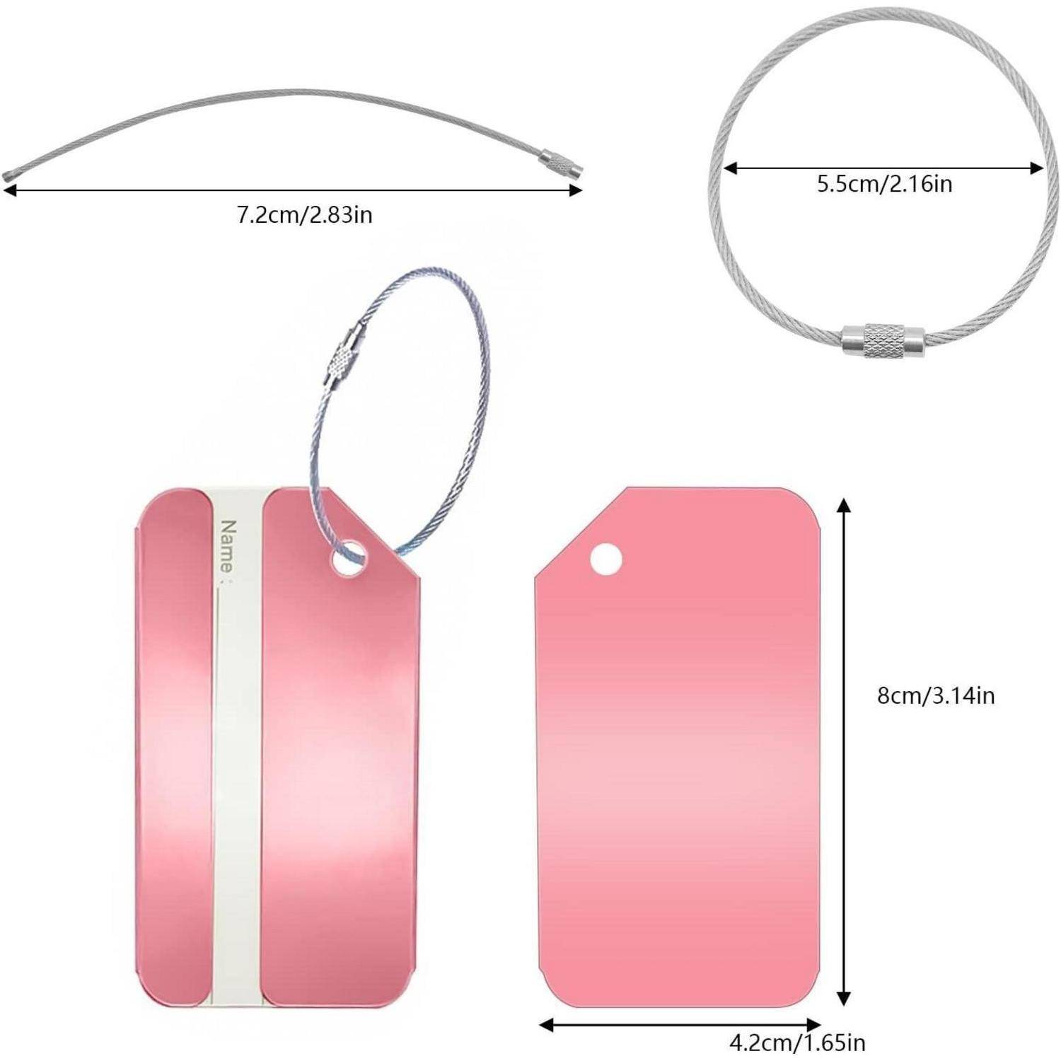 Produktdimensionsabbildung eines rosa Kofferanhängers mit Stahlkabelschleife, die Anhängergröße 8 x 4,2 cm und Kabellänge 7,2 cm, Schleifendurchmesser 5,5 cm zeigt.