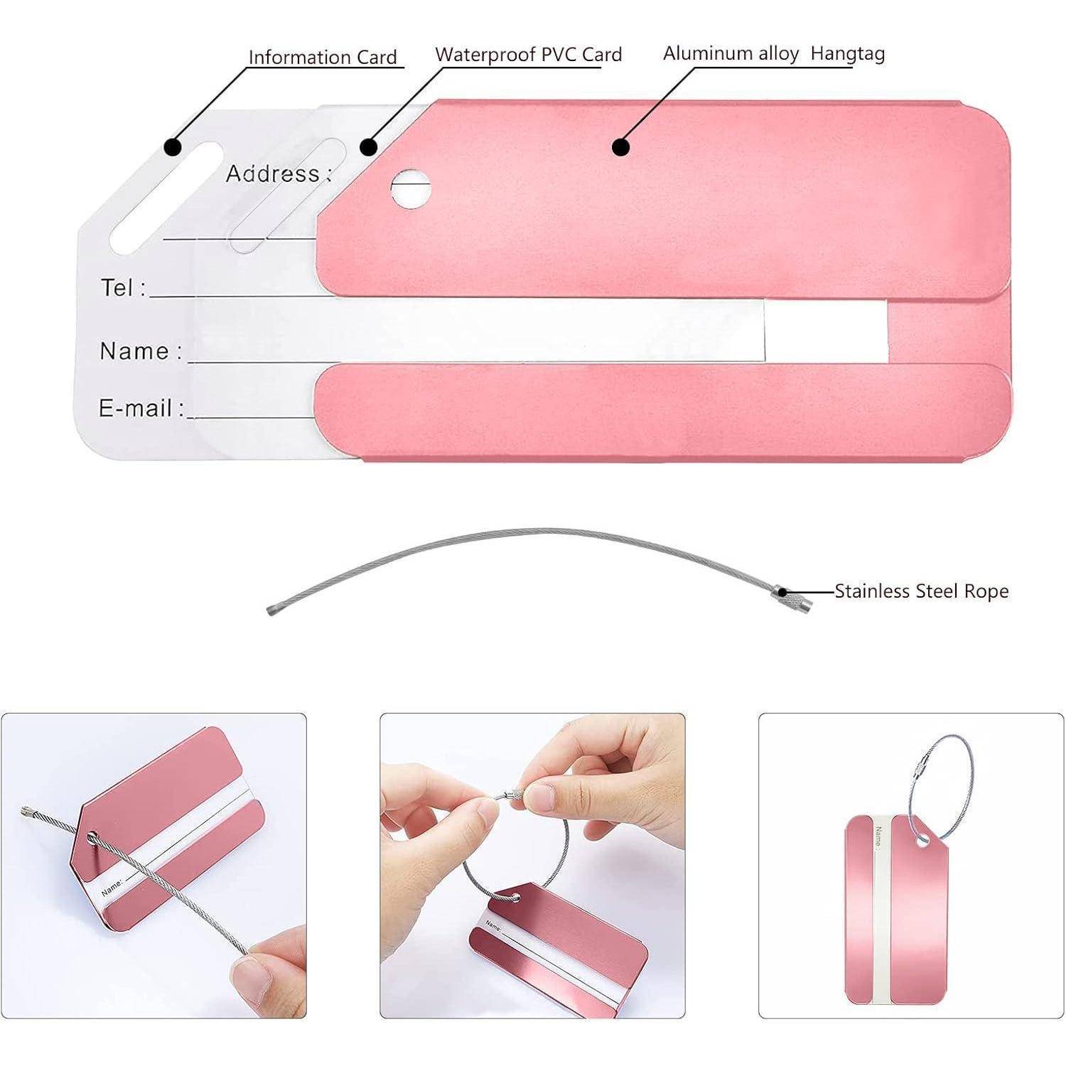 Gepäckanhänger in Rosa mit Metallanhänger und Stahlseil, gezeigt mit Adress-, Telefon-, Namen- und E-Mail-Feldern sowie Zusammenbaue-/Gebrauchsanweisungen.