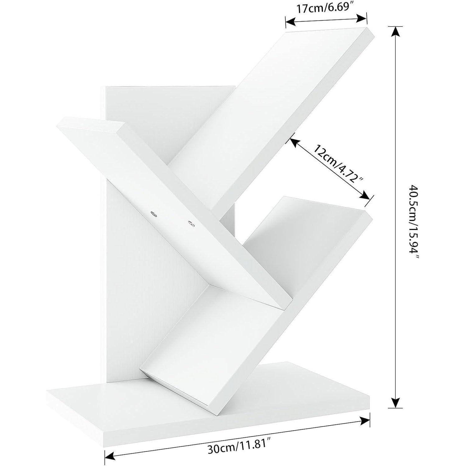 Weißes Z-förmiges Wandregal oder Bücherpräsentationseinheit mit den folgenden Abmessungen: 40,5 cm hoch, 30 cm breit, 17 cm oberer Bereich, 12 cm Regalttiefe.