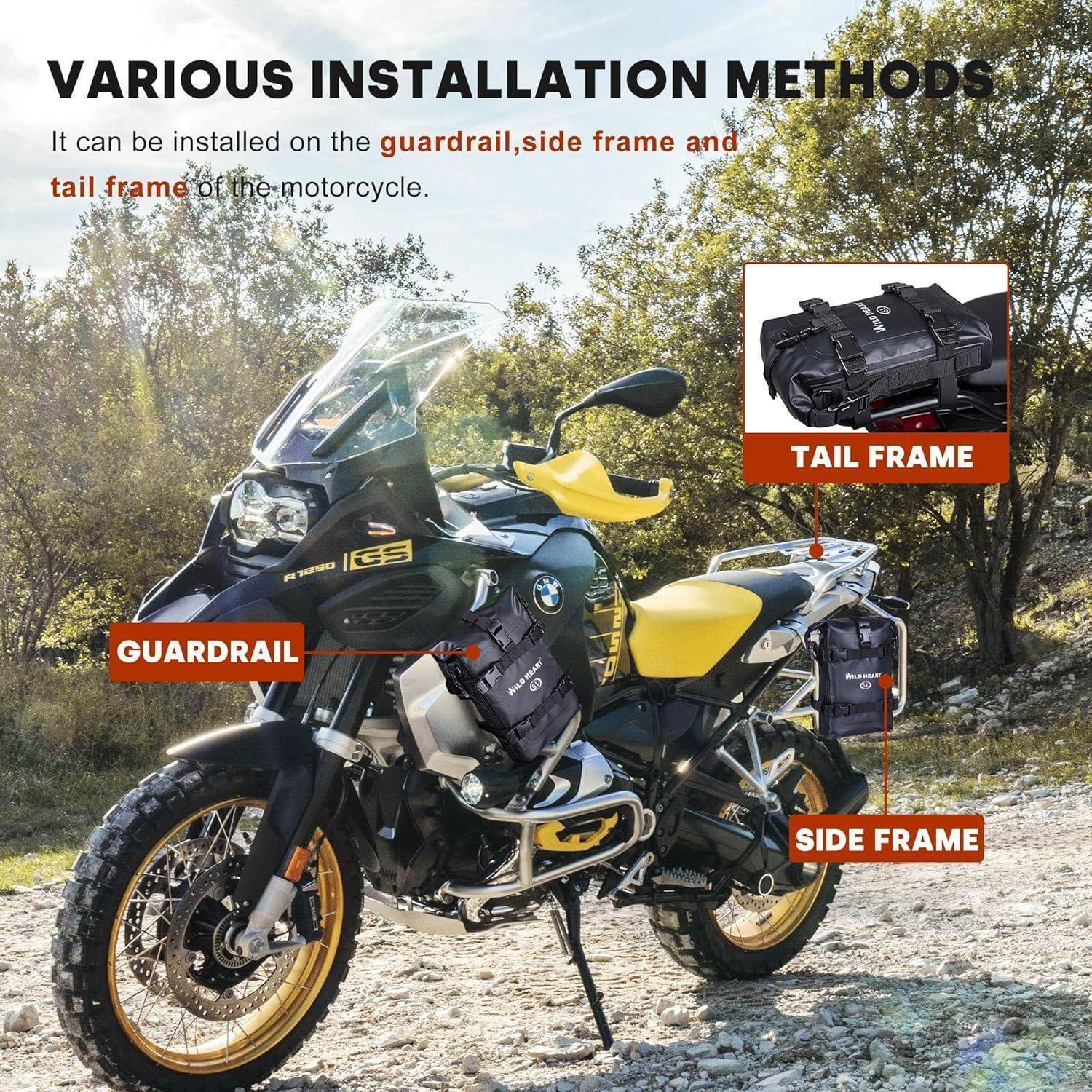Motorrad mit Gepäck, installiert an Leitplanke, Seitenrahmen und Heckrahmen, gekennzeichnet als „Verschiedene Installationsmethoden".