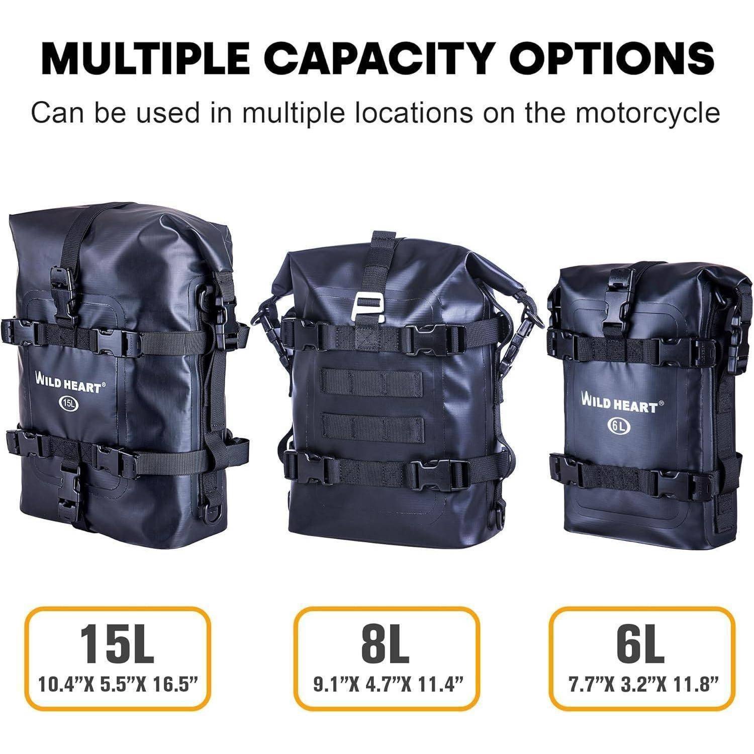 Produktgrafik mit drei Motorradtaschen mit Kapazitätsoptionen: 15L, 8L und 6L, gekennzeichnet zur Verwendung an mehreren Positionen am Motorrad.