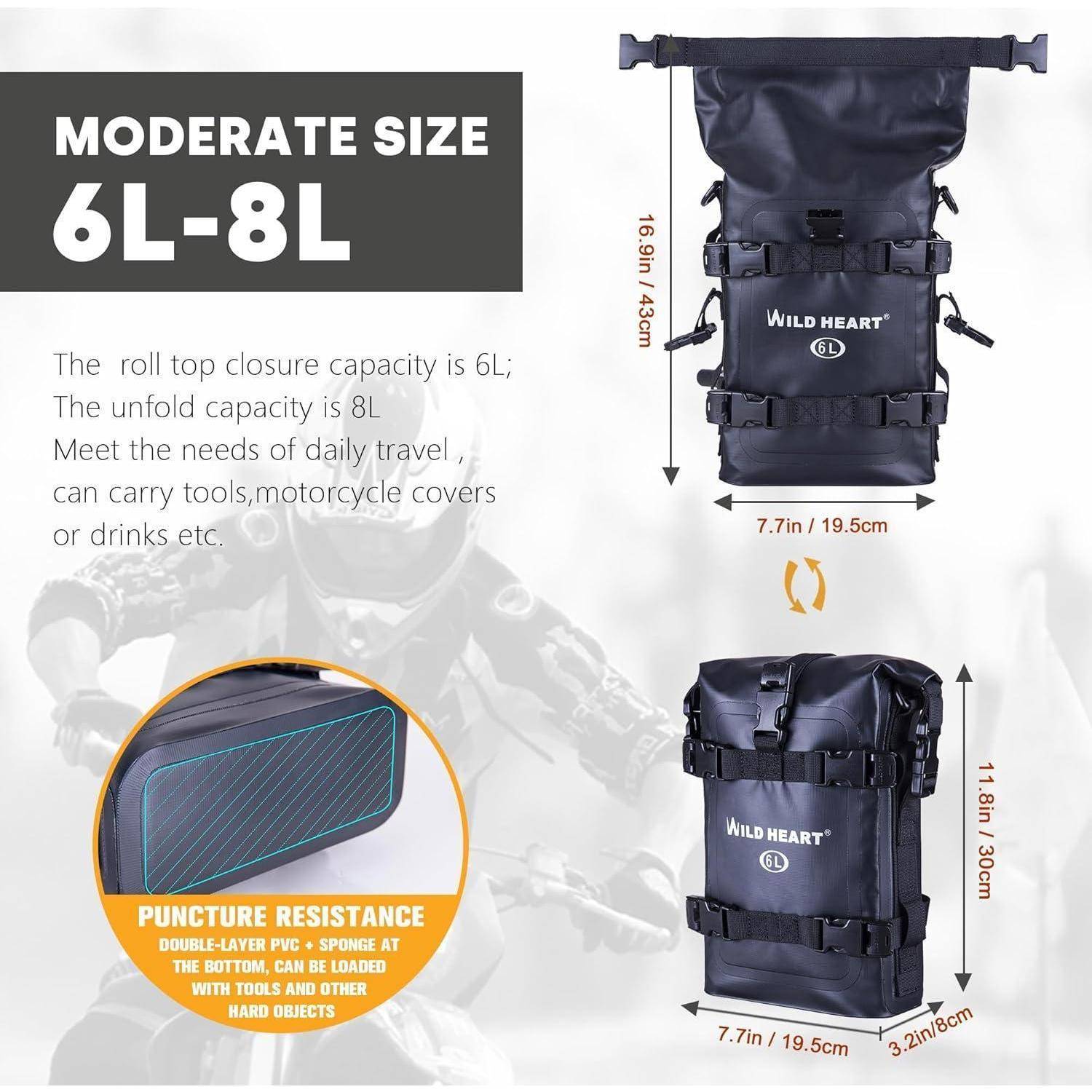 Größentabelle für Wild Heart Roll-Top-Rucksack mit mittlerer Größe 6L-8L, Abmessungen 16,9 x 7,7 x 3,2 Zoll und punktionsresistenter doppellagiger PVC-Schwamm-Konstruktion.