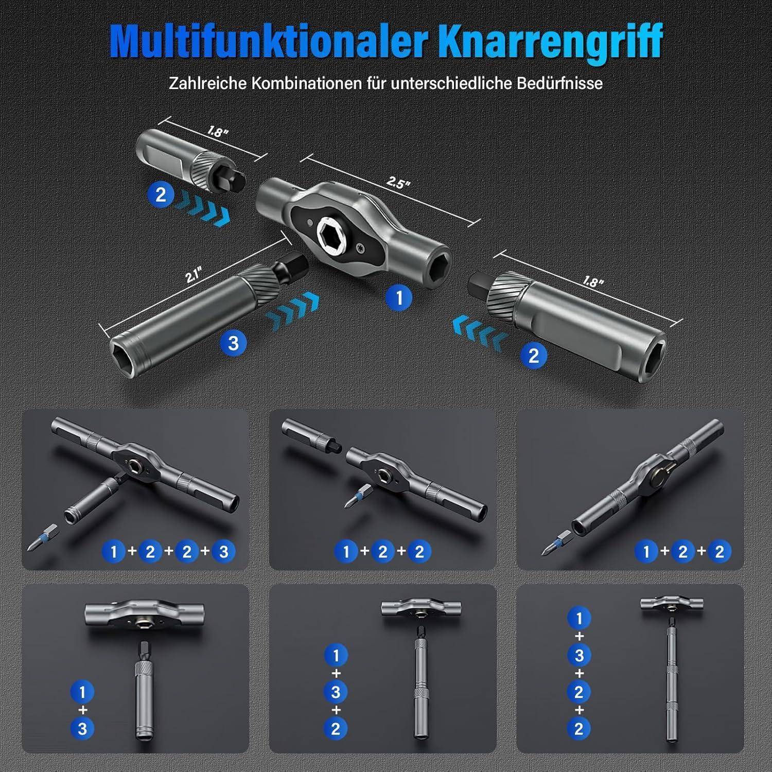Darstellung eines multifunktionalen Schraubenschlüsselgriffs mit austauschbaren Teilen und sechs Konfigurationsbeispielen, beschriftet mit Größen und Kombinationsnummern.