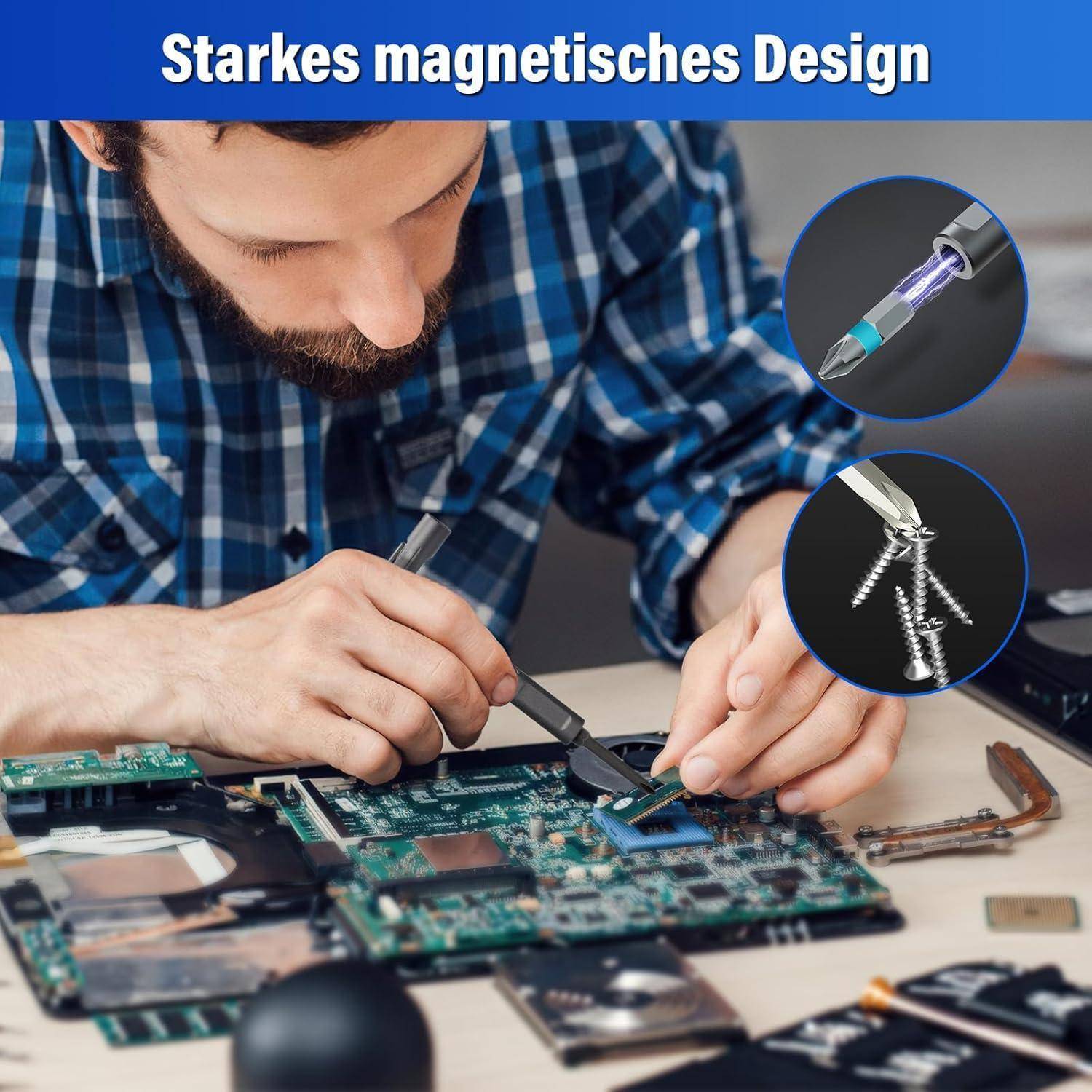 Ein Mann repariert eine Leiterplatte mit einem magnetischen Schraubendreher; der Text sagt „Starkes magnetisches Design