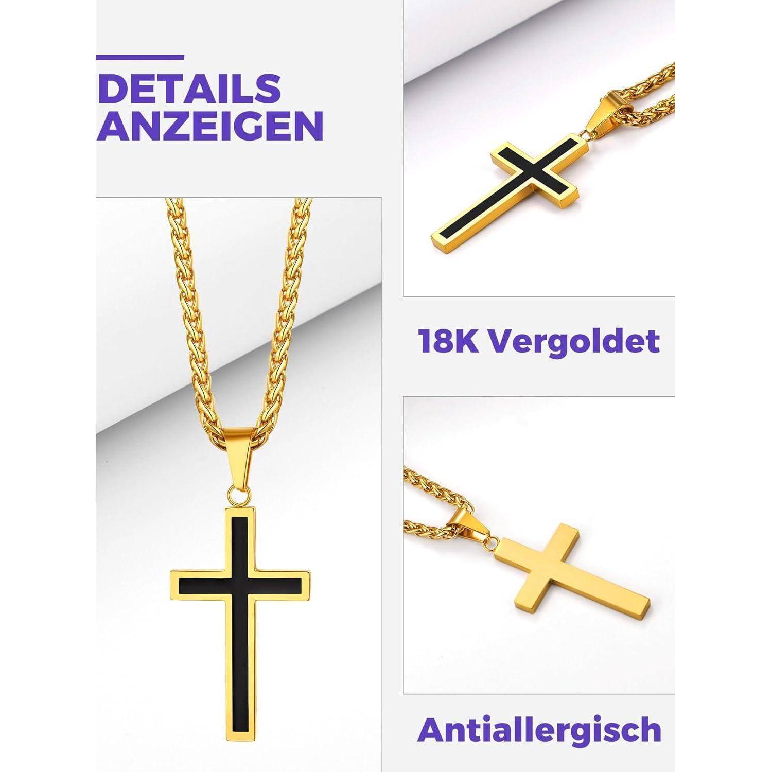 Anzeige mit goldenen Kreuzketten und Anhängern, mit deutschem Text „DETAILS ANZEIGEN