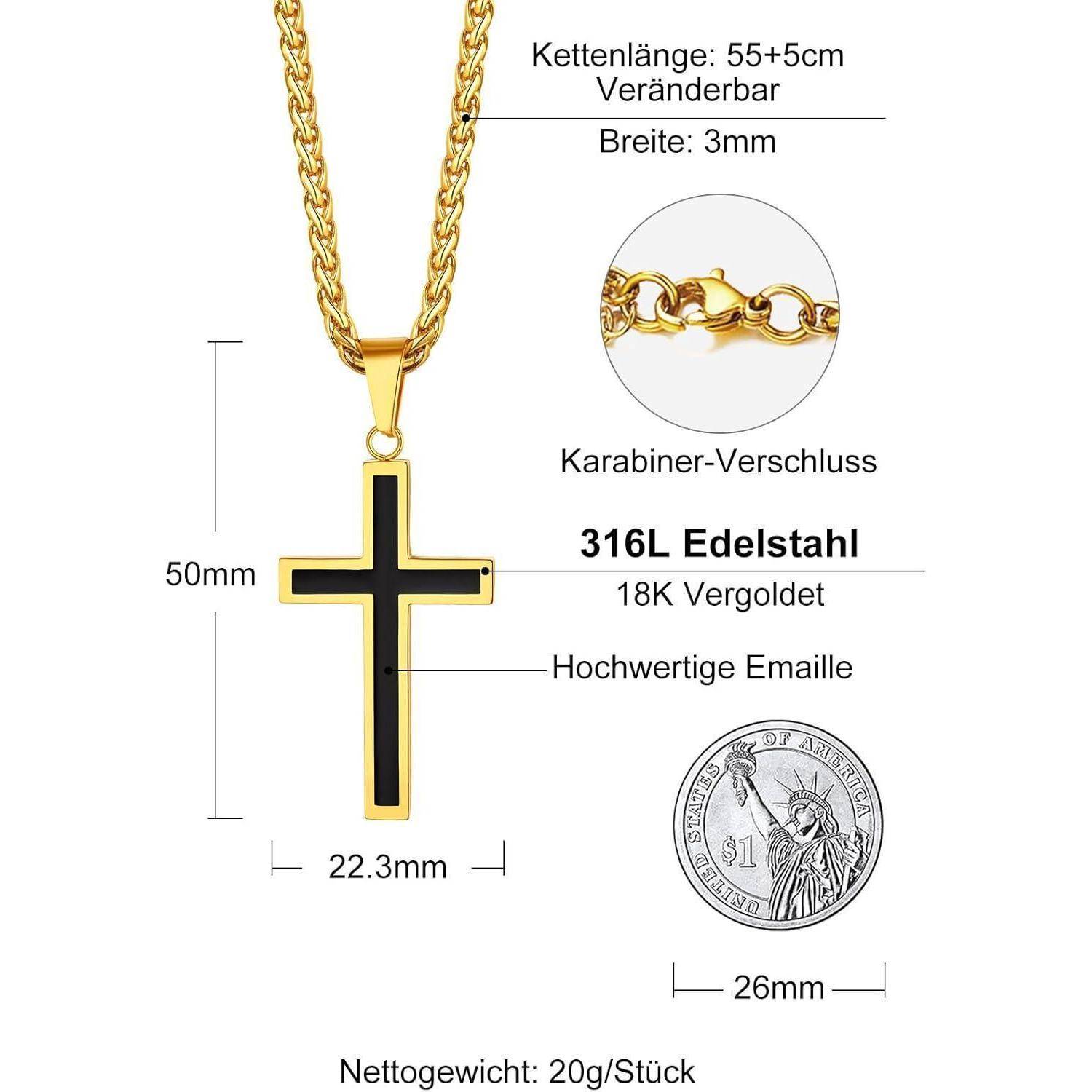 Halskette mit Goldkreuzanhänger Diagramm mit verstellbarer Kette 55+5 cm, Breite 3 mm, Anhängerhöhe 50 mm, Kreuzbreite 22,3 mm, Nettogewicht 20 g, 316L-Stahl, 18 Karat vergoldet, Emaille und Hummerkrallenverschluss.