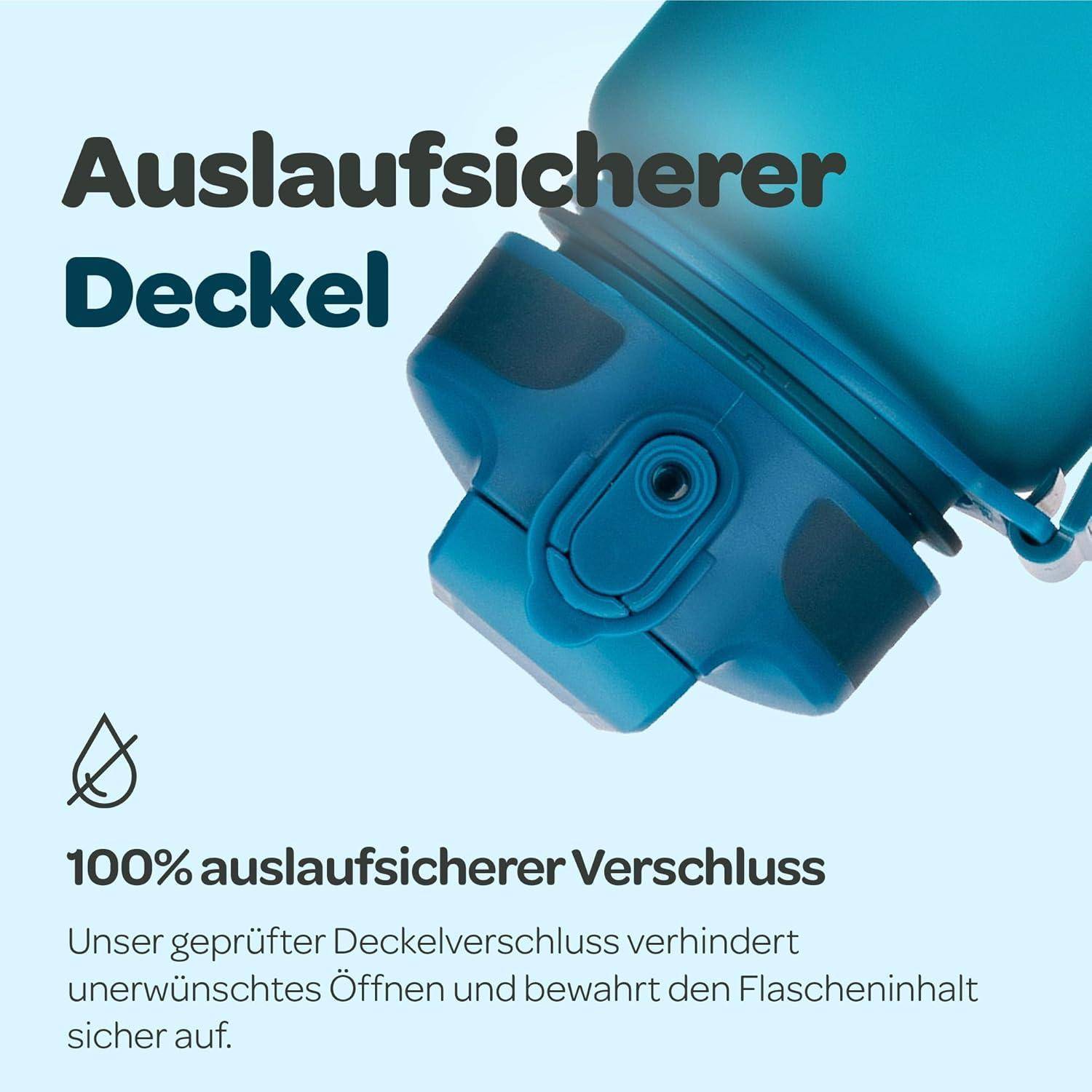 Blauwe Deckelkappe gezeigt mit deutschem Text „Auslaufsicherer Deckel