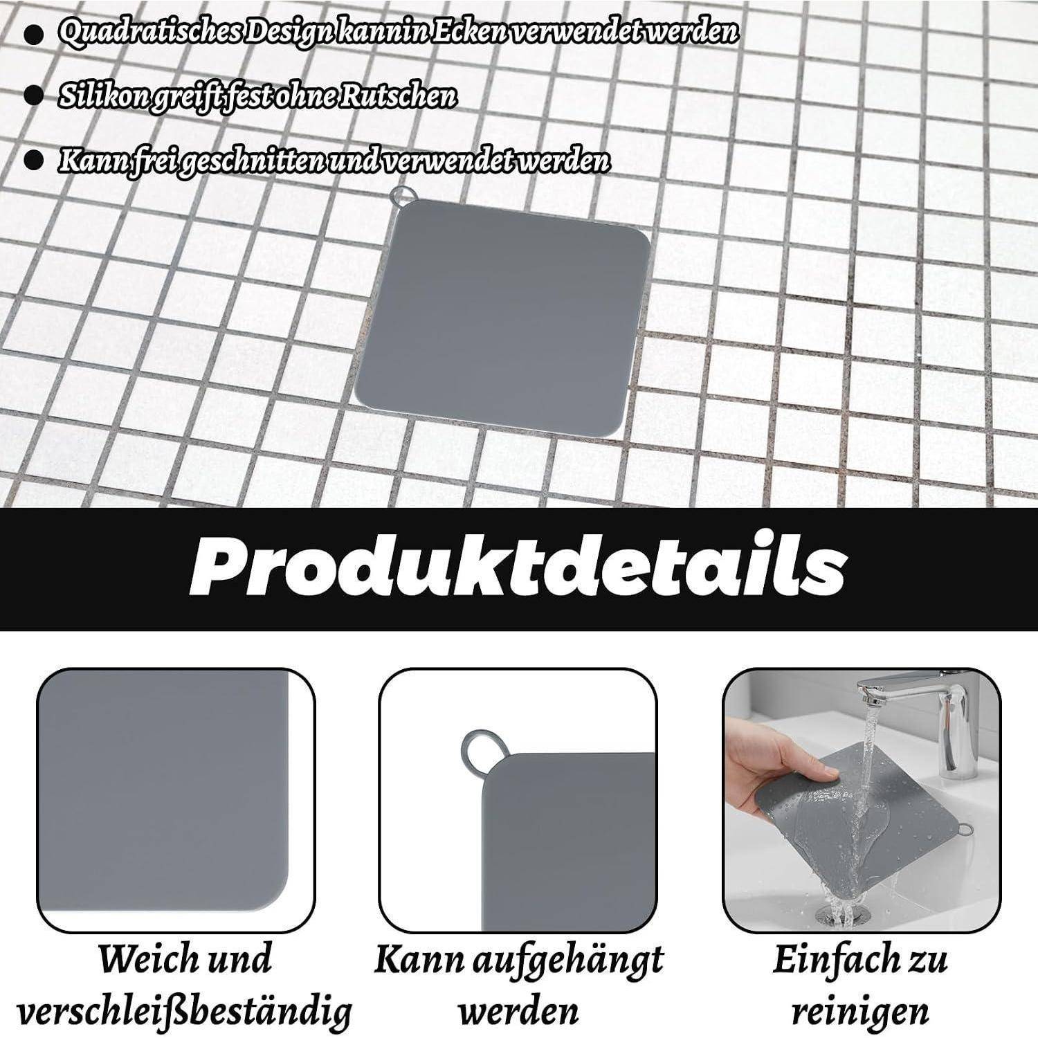 Produktdetails für ein graues quadratisches Silikonpad: weich und langlebig, kann aufgehängt oder zugeschnitten werden, leicht zu reinigen und passt ohne Verrutschen in Ecken.