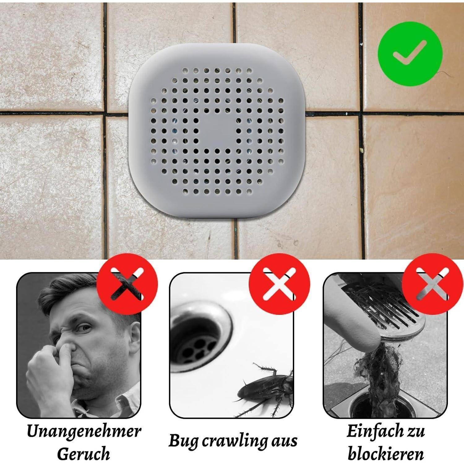 Quadratische graue Abdeckung mit Perforationen auf Badezimmerfliesen, dargestellt als die richtige Wahl mit einem grünen Häkchen; drei Beispiele darunter sind mit roten X markiert und haben Beschriftungen zu Geruch, Ungeziefer und leichtem Verstopfen.