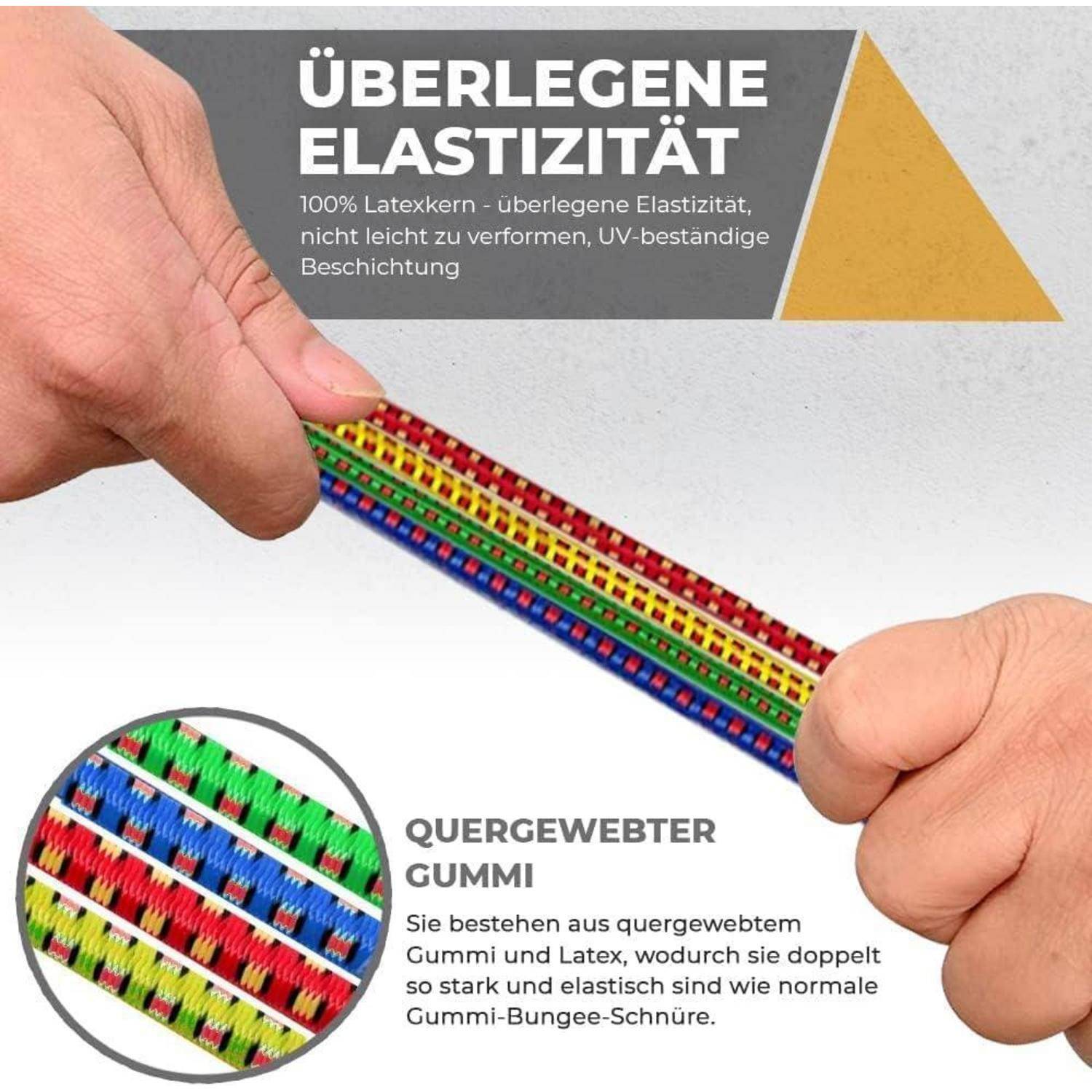 Zwei Hände dehnen ein farbiges gewebtes Gummiband, um 
