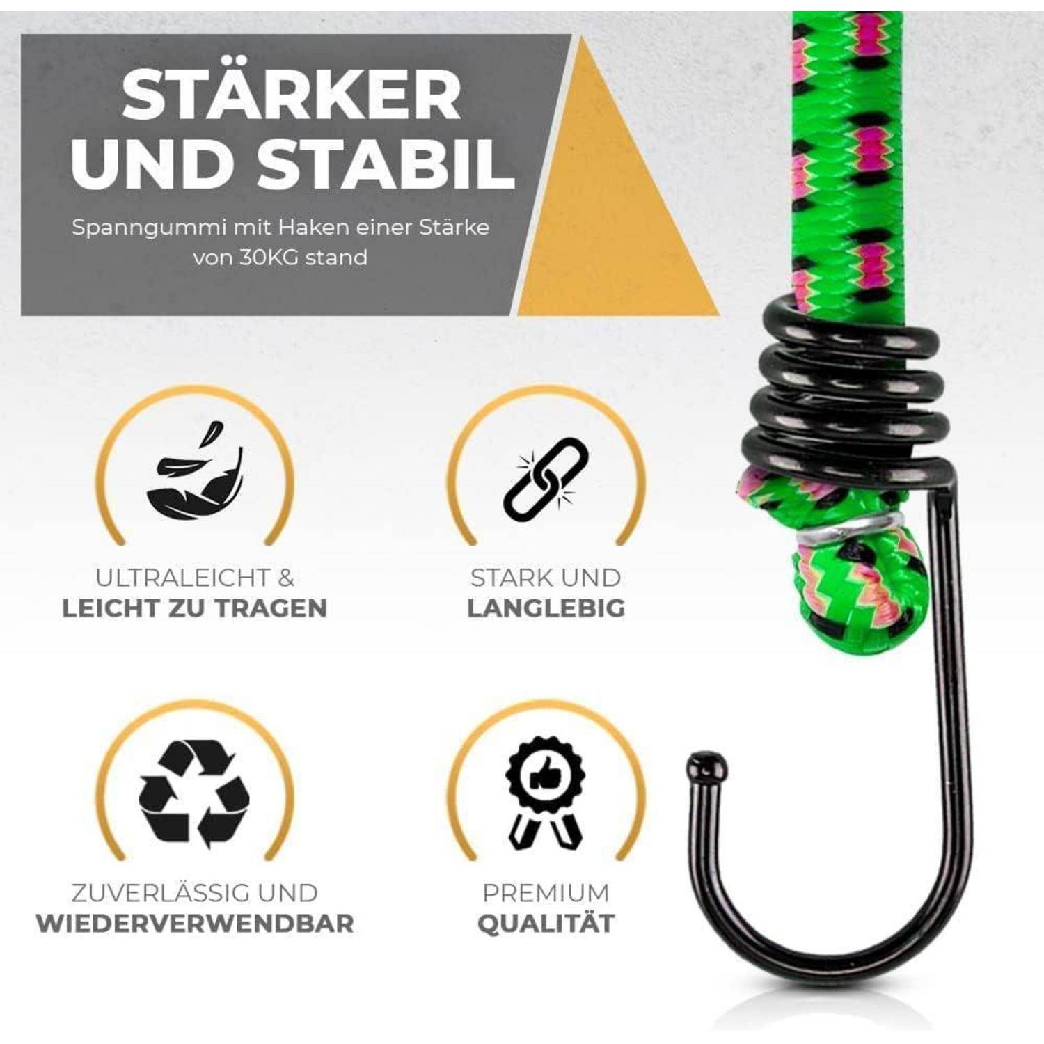 Werbegrafik für ein Bungee-Seil mit Haken, gekennzeichnet als 
