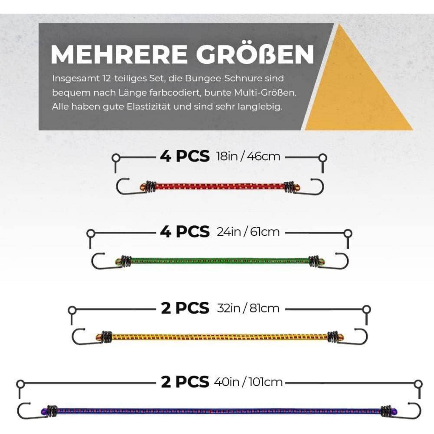 Abbildung mit Spanngurten in vier Größen: 4 Stück 18 Zoll/46 cm, 4 Stück 24 Zoll/61 cm, 2 Stück 32 Zoll/81 cm und 2 Stück 40 Zoll/101 cm.