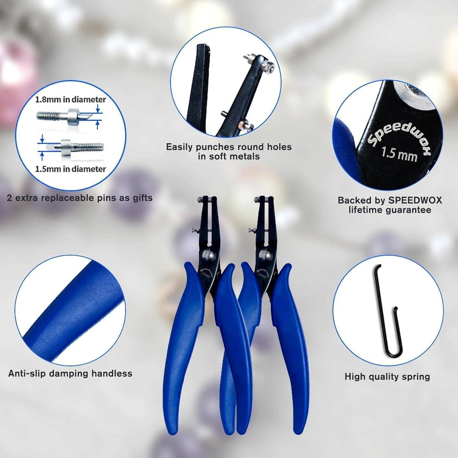 Produktabbildung von Locher-Zangen mit blauem Griff mit beschrifteten Hinweisen auf 1,8 mm und 1,5 mm austauschbare Stifte, rutschfeste Griffe, Feder und lebenslange Garantie.