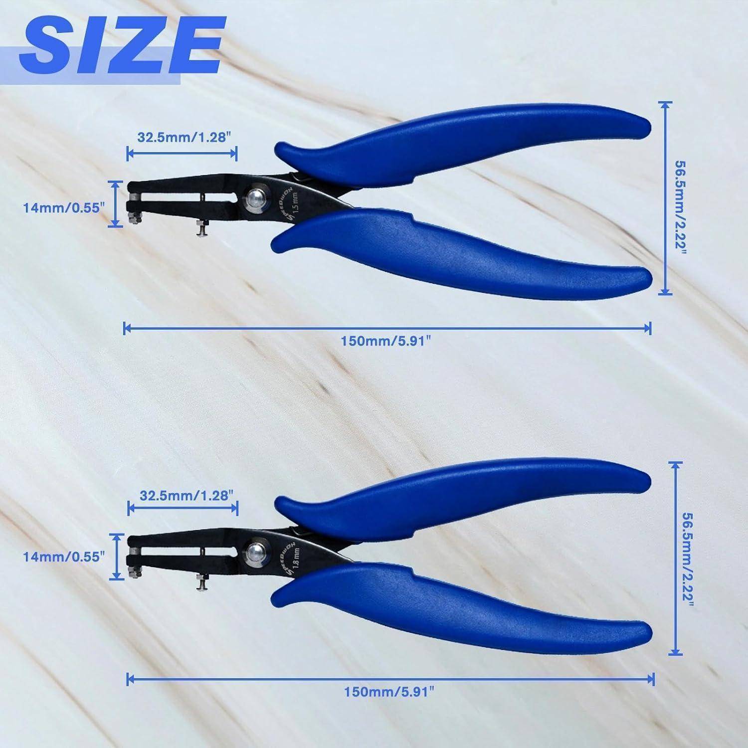 Blaugriffige Zangen zweimal dargestellt mit Größenangaben: 150 mm lang, 56,5 mm hoch, 32,5 mm Backenbreite und 14 mm Backentiefe.