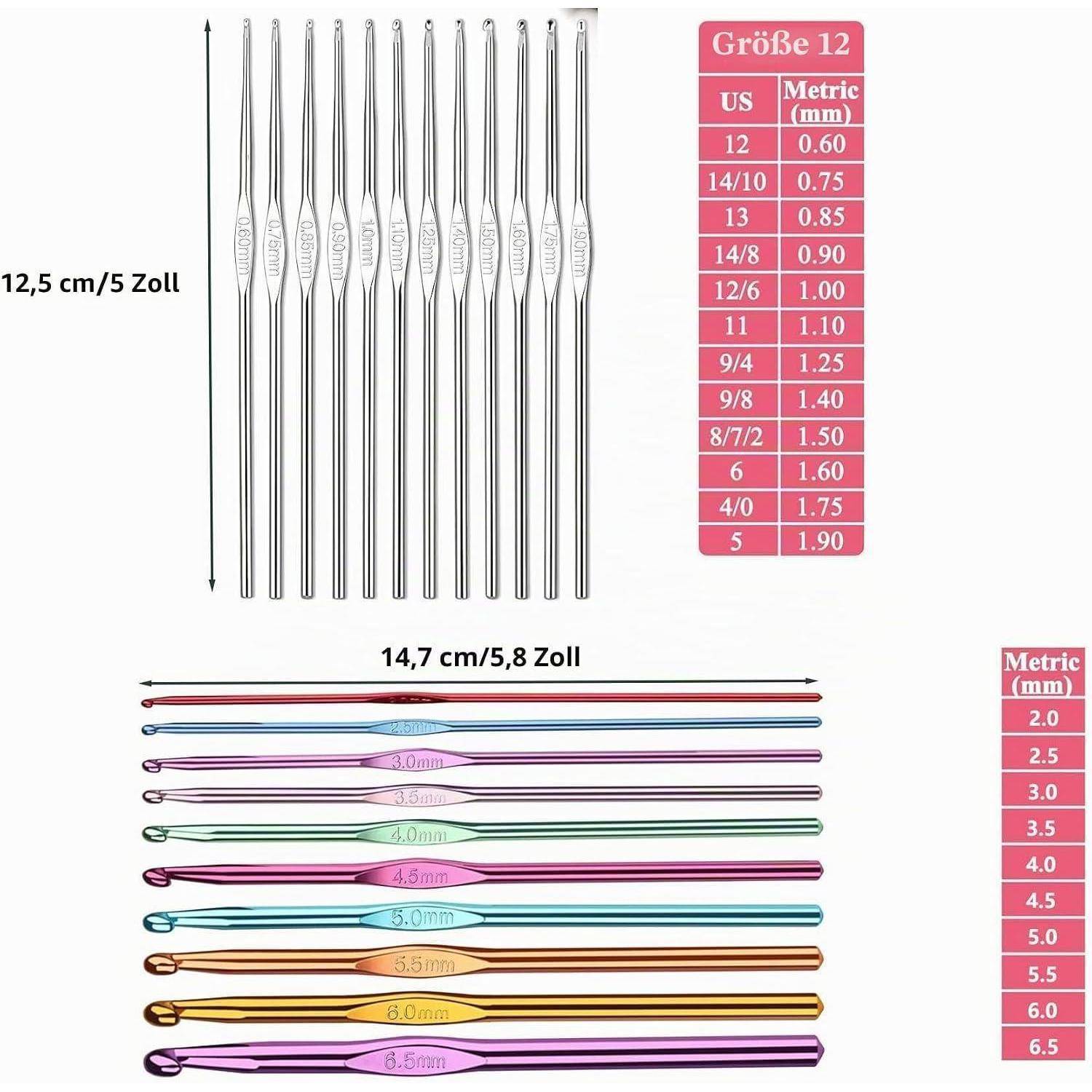 Zwei Diagramme zeigen Sätze von Stricknadeln/Strumpfstricknadeln mit Längen und Größen: Das obere Set ist 12,5 cm/5 Zoll mit Größentabelle; Das untere Set ist 14,7 cm/5,8 Zoll mit metrischen Größen 2,0–6,5 mm.